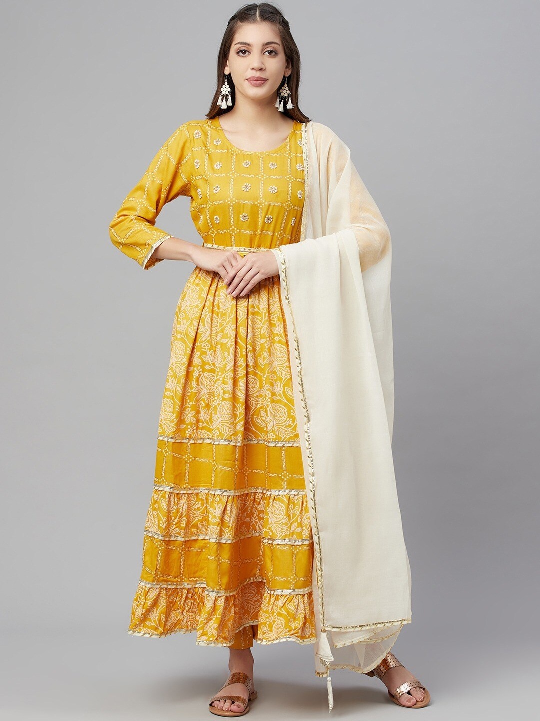 

Readiprint Fashions Printed Beads & Stones Kurta With Trousers & Dupatta, Mustard