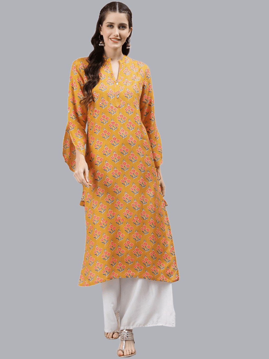 

Readiprint Floral Printed Mandarin Collar Cotton Silk Kurta, Yellow