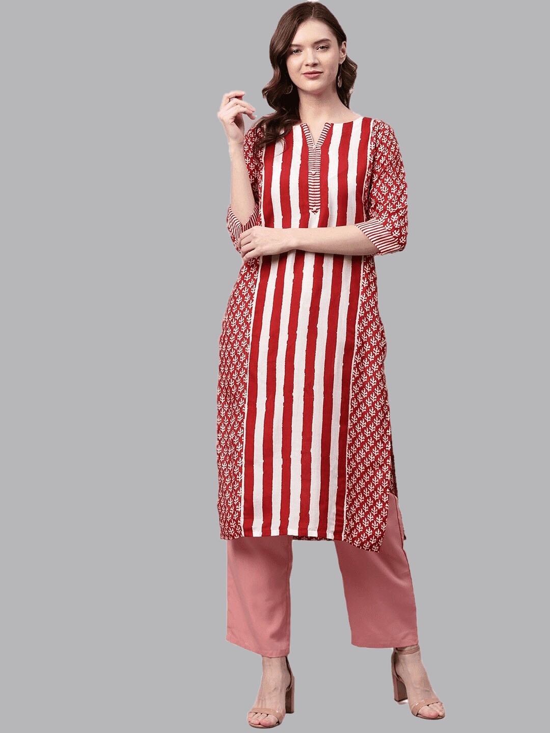 

Readiprint Fashions Striped Printed Cotton Straight Kurta, Maroon