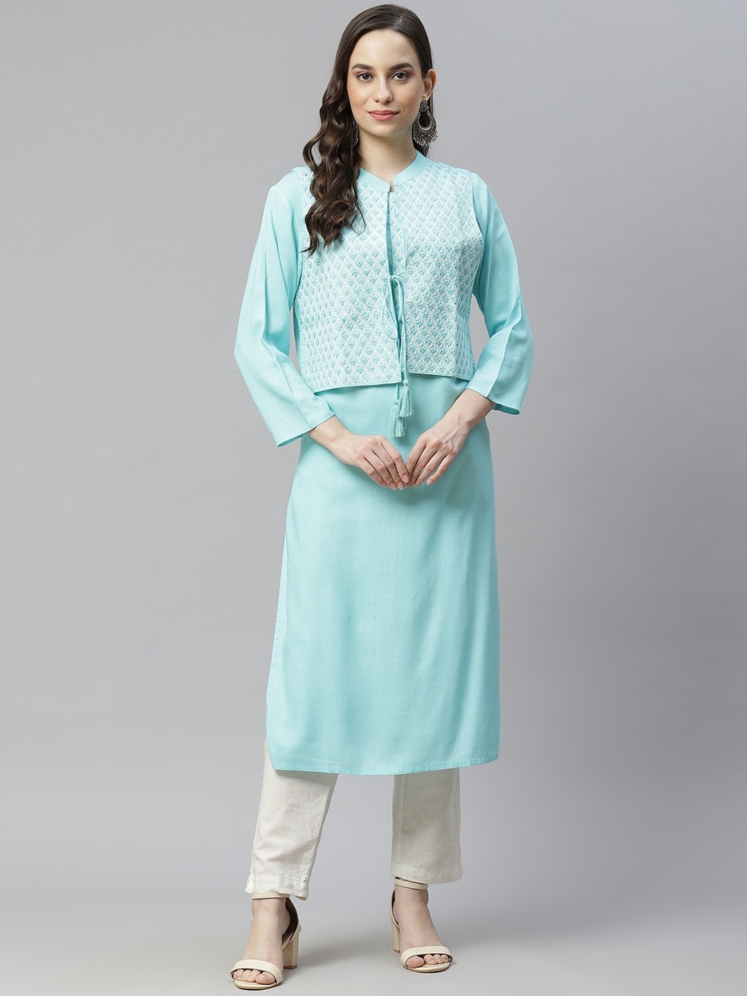 

Readiprint Fashions Round Neck Straight Regular Kurta With Embroidered Jacket, Blue