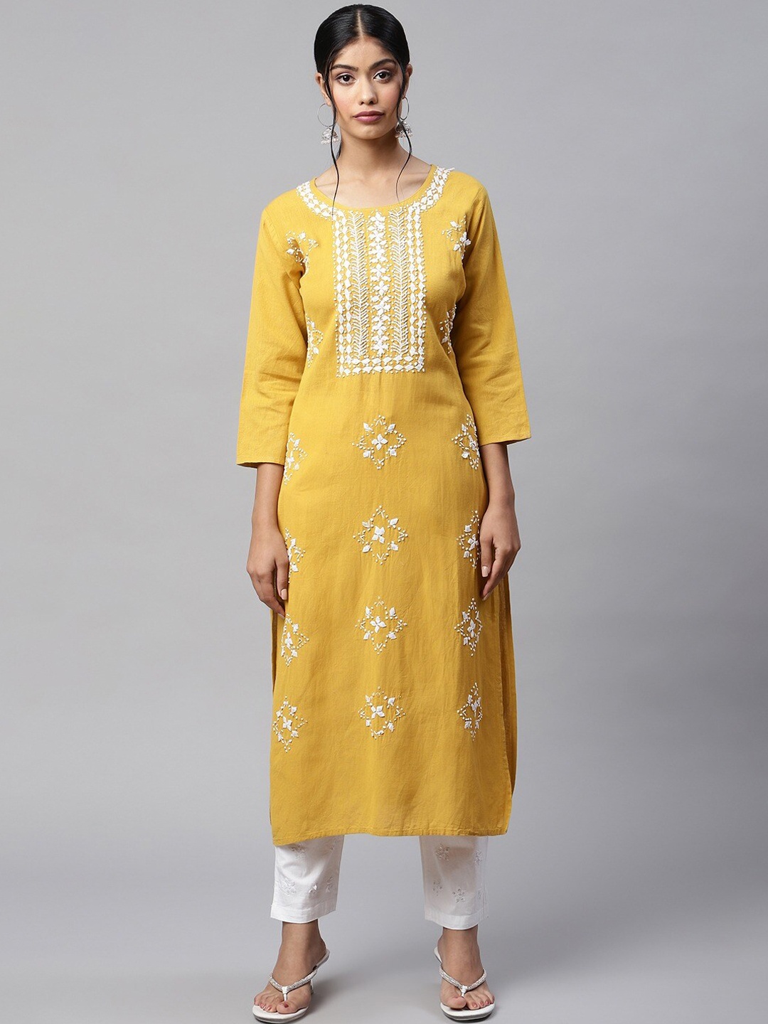 

Readiprint Fashions Ethnic Motifs Embroidered Thread Work Pure Cotton Kurta With Trousers, Mustard