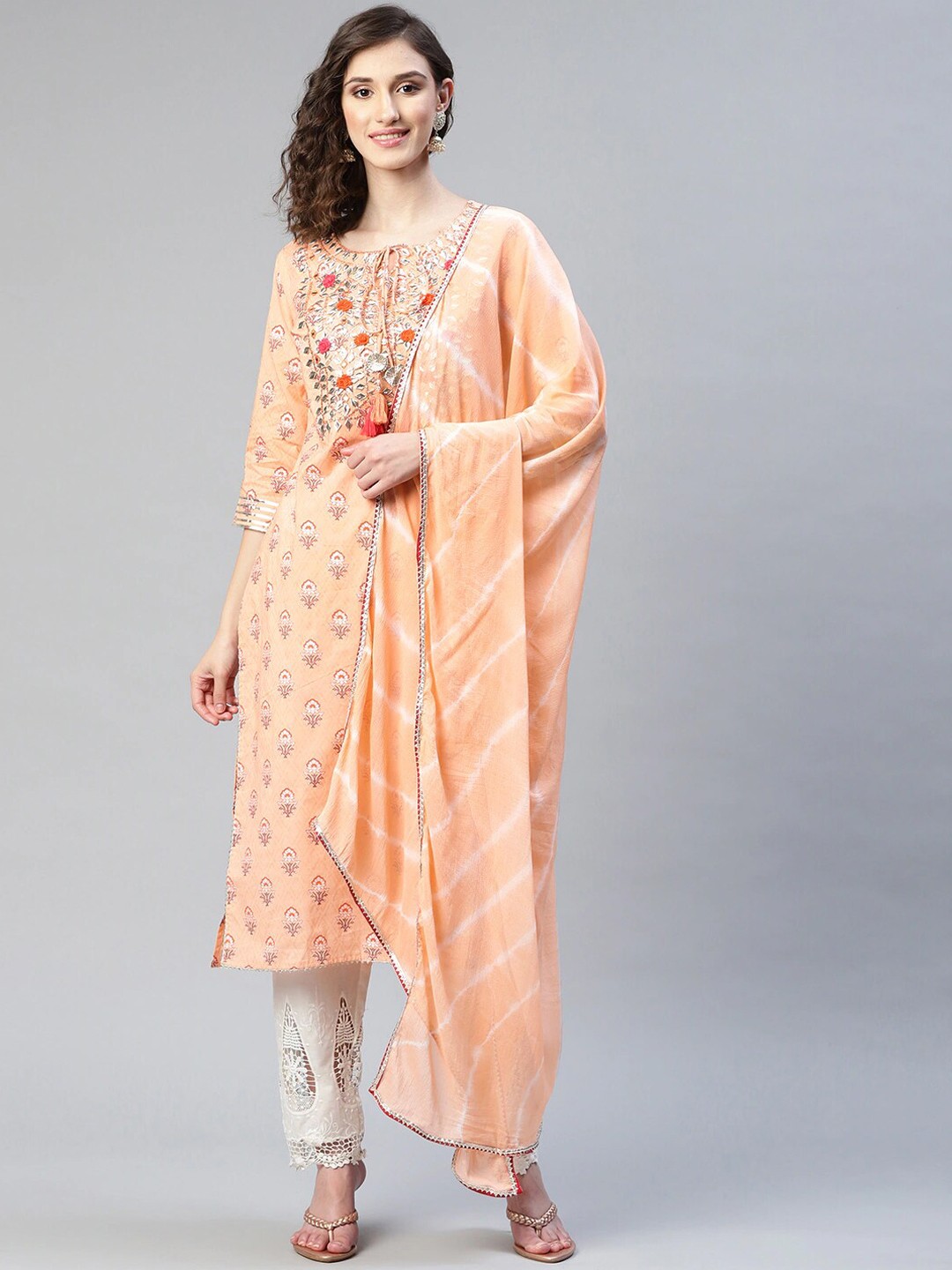 

Readiprint Fashions Printed Tie Up Neck Pure Cotton Kurta With Trousers & Dupatta, Peach