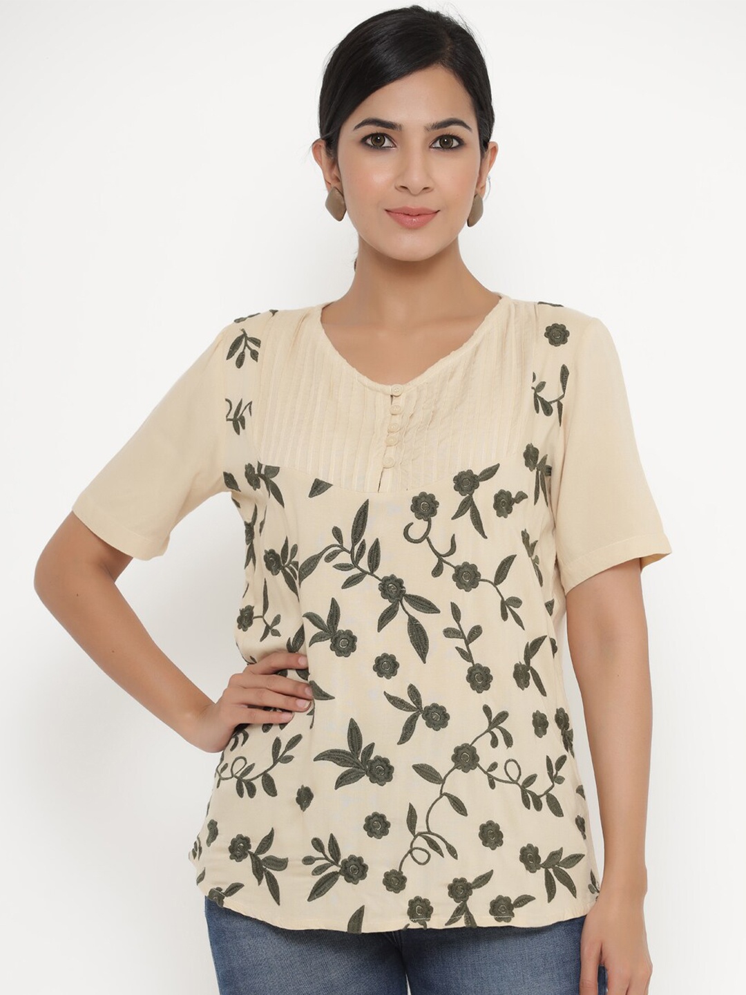 

Readiprint Fashions Floral Embroidered Top, Cream