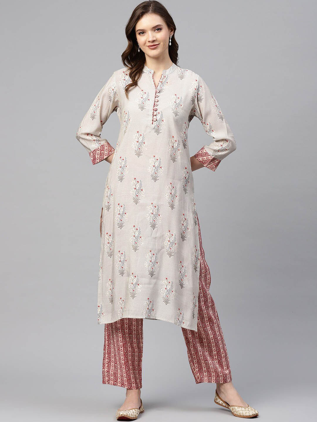 

Readiprint Fashions Floral Printed Band Collar Pure Cotton Straight Kurta With Palazzos, Grey