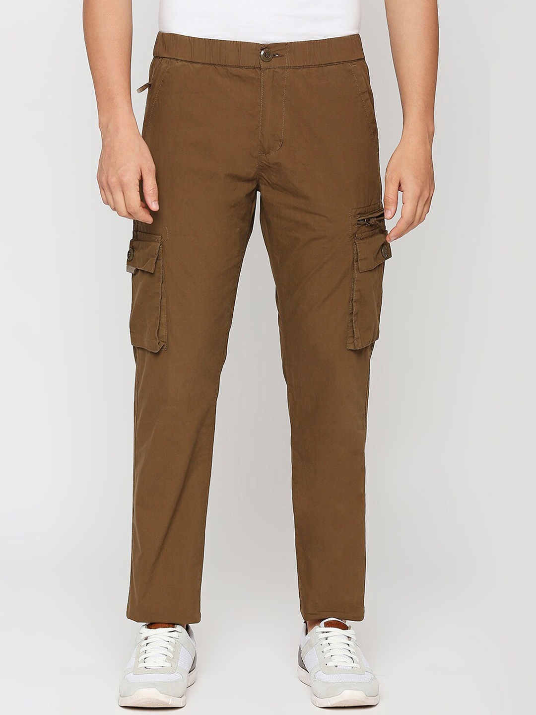 

beevee Men Relaxed Straight Fit Easy Wash Pure Cotton Cargos, Brown