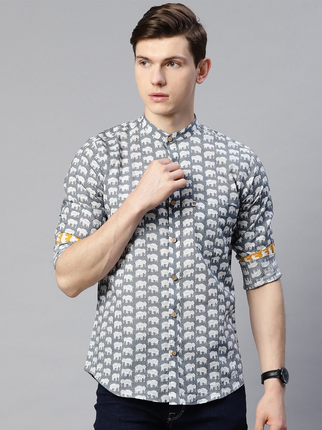 

Readiprint Fashions Men Graphic Printed Cotton Mandarin Collar Comfort Opaque Casual Shirt, Grey