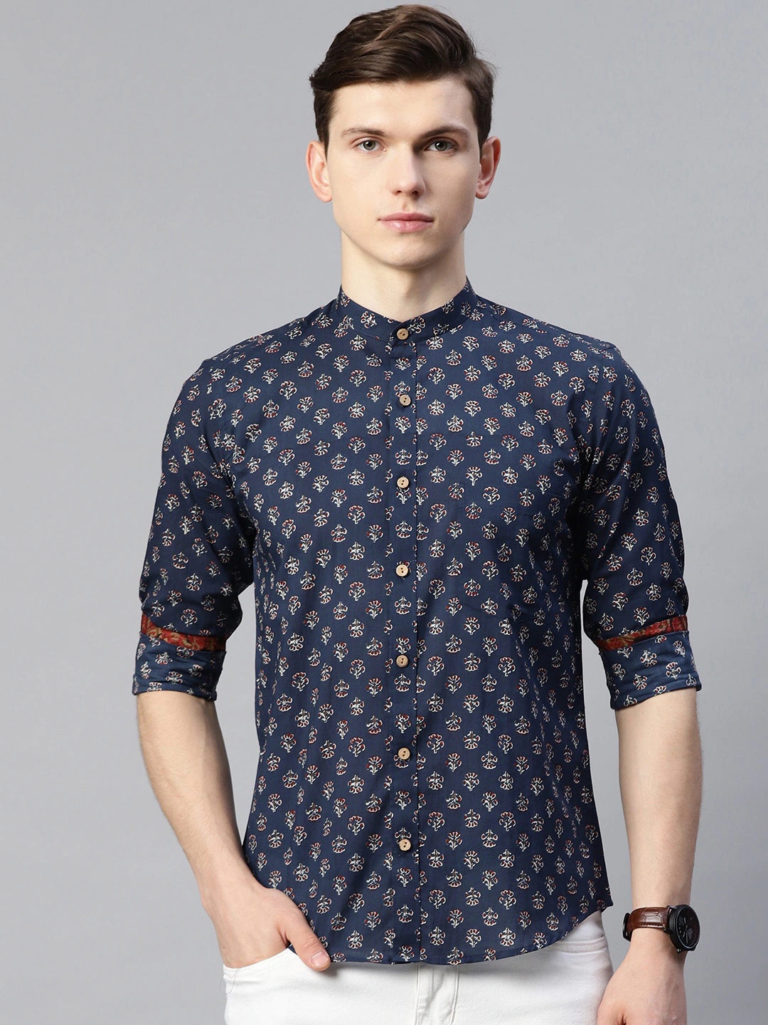 

Readiprint Fashions Men Floral Printed Cotton Mandarin Collar Comfort Opaque Casual Shirt, Blue
