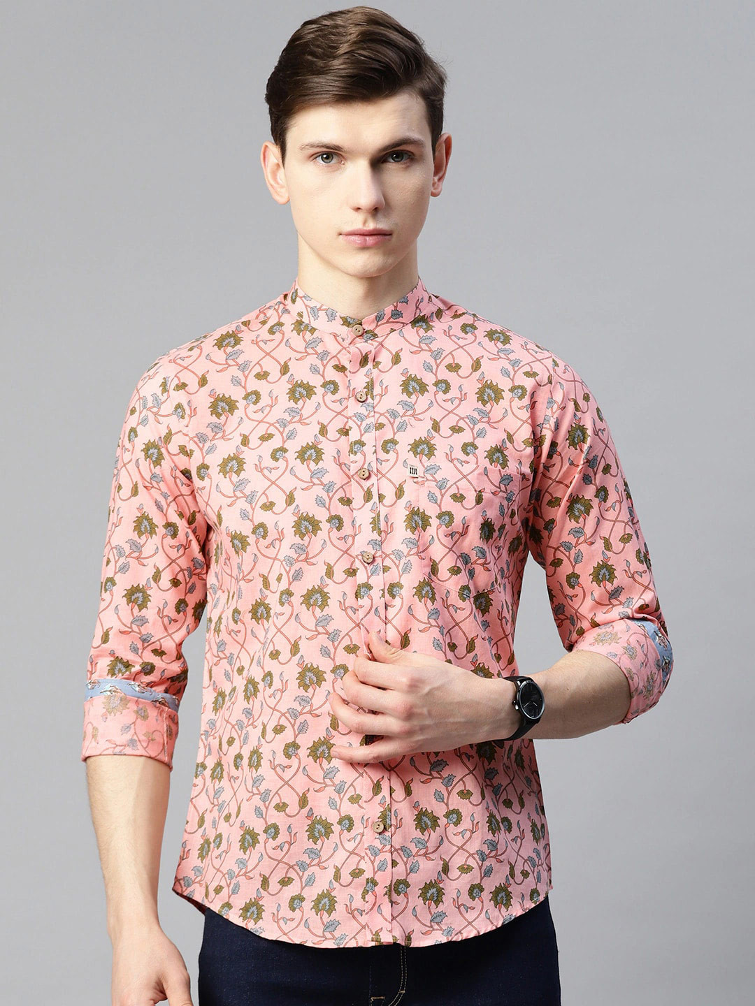 

Readiprint Fashions Men Floral Printed Cotton Mandarin Collar Comfort Opaque Casual Shirt, Pink