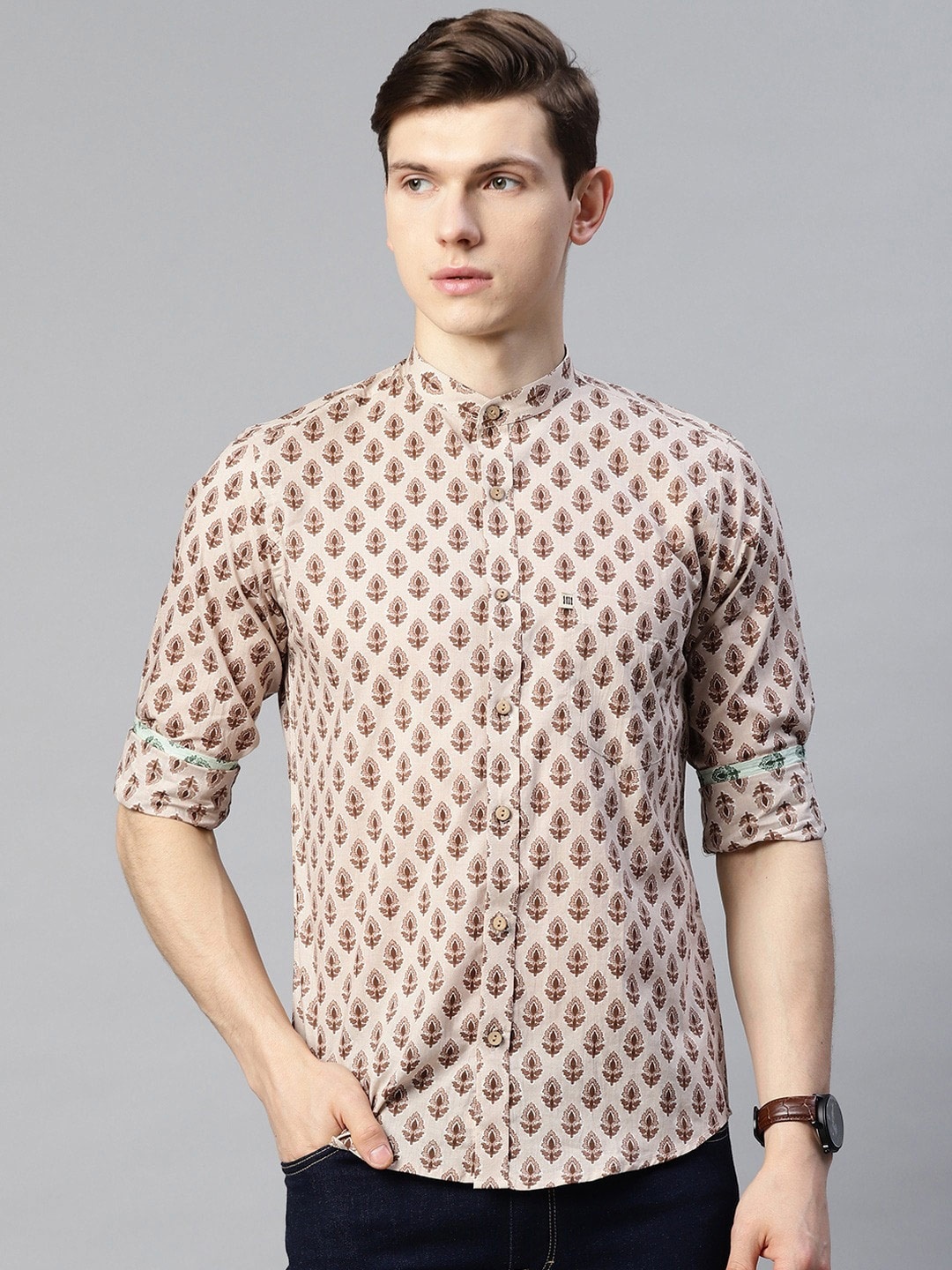 

Readiprint Fashions Men Mandarin Collar Printed Casual Cotton Shirt, Beige