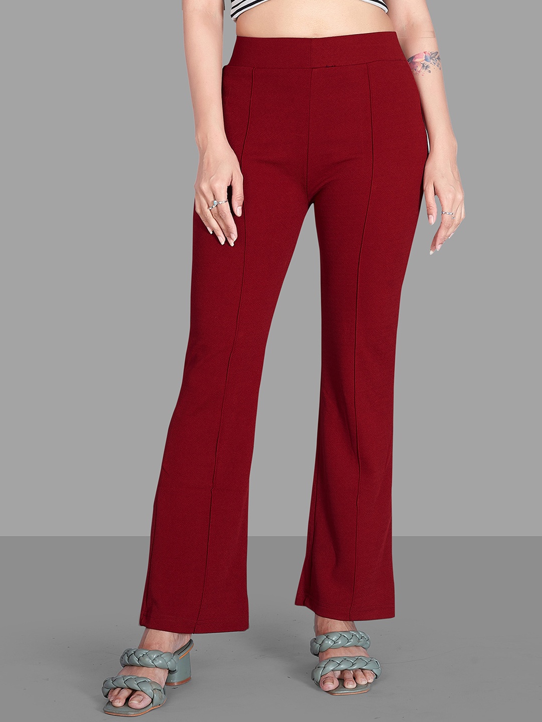 

Jinax Women Relaxed Straight Leg Straight Fit High-Rise Easy Wash Bootcut Trousers, Maroon
