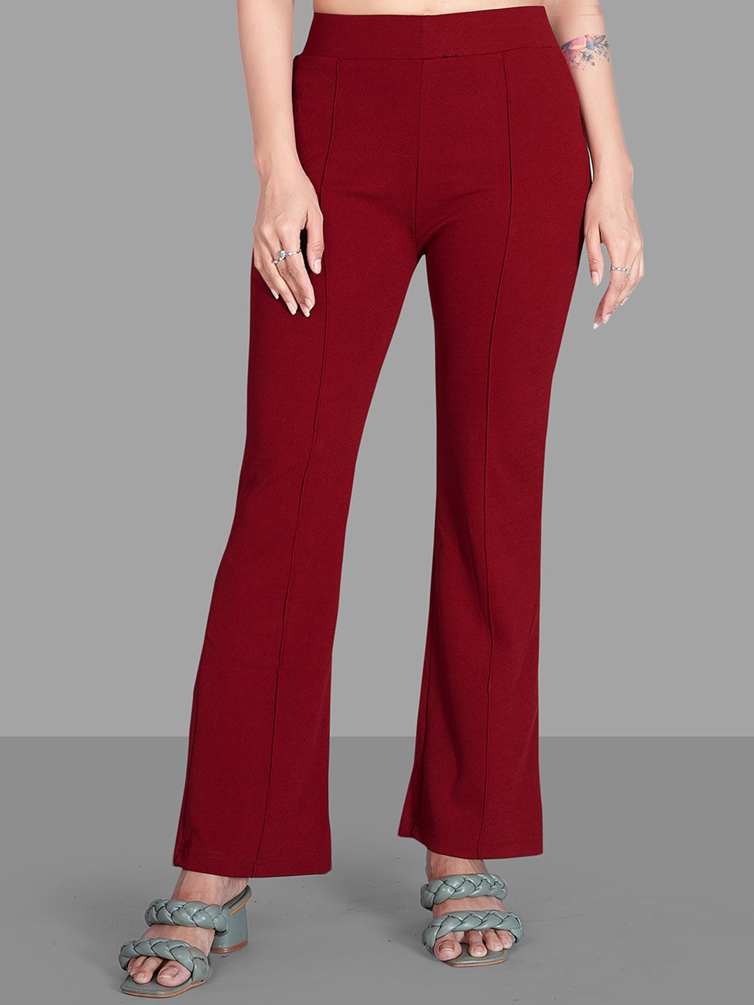 

Jinax Women Relaxed Straight Leg Straight Fit High-Rise Easy Wash Bootcut Trousers, Maroon