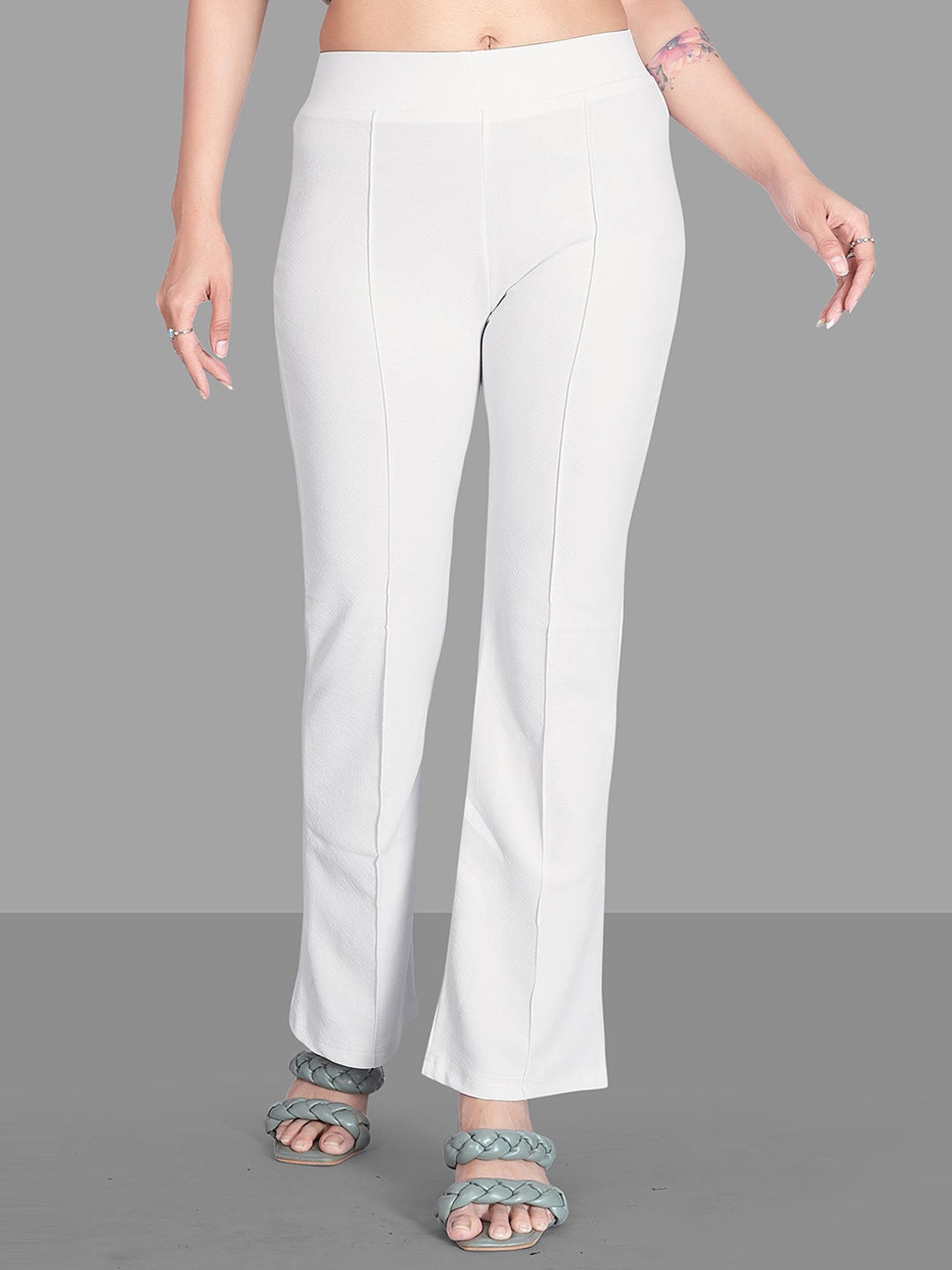 

Jinax Women Relaxed Straight Leg Straight Fit High-Rise Easy Wash Bootcut Trousers, White