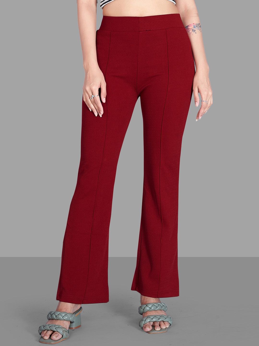 

Jinax Women Relaxed Straight Leg Straight Fit High-Rise Easy Wash Bootcut Trousers, Maroon