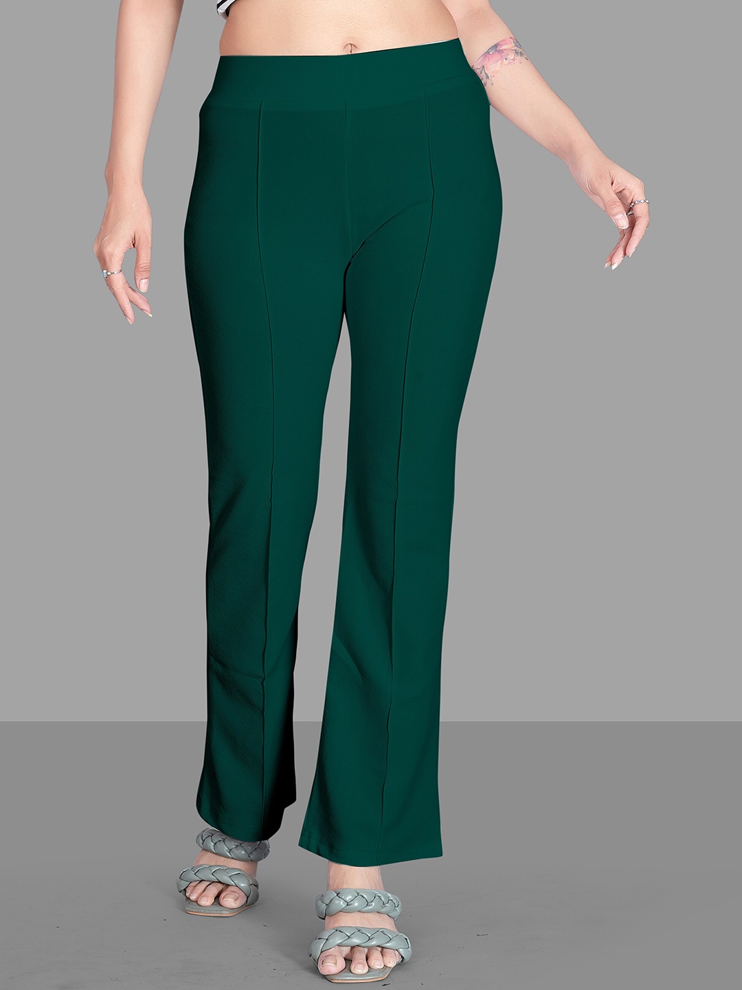 

Jinax Women Relaxed Straight Leg Straight Fit High-Rise Easy Wash Bootcut Trousers, Green