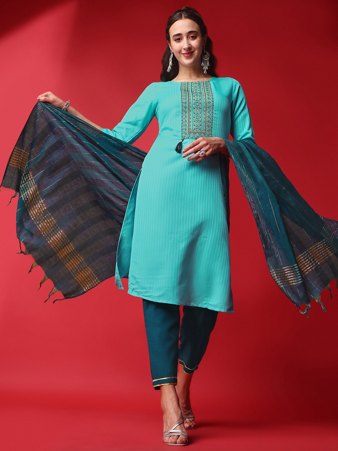 

ASPORA Ethnic Motifs Embroidered Sequinned Kurta with Trousers & Dupatta, Turquoise blue