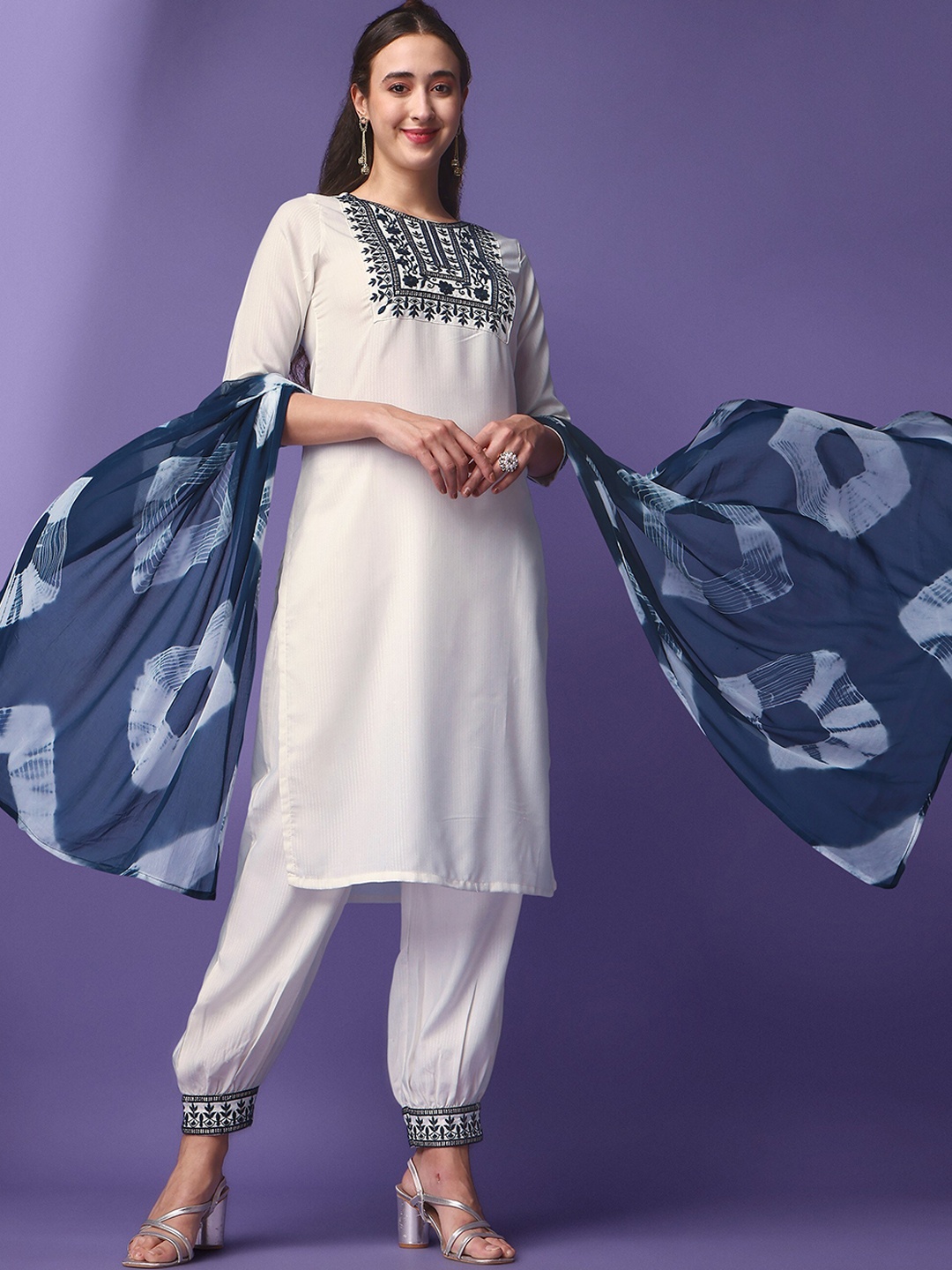 

ASPORA Floral Embroidered Kurta with Salwar & Dupatta, White