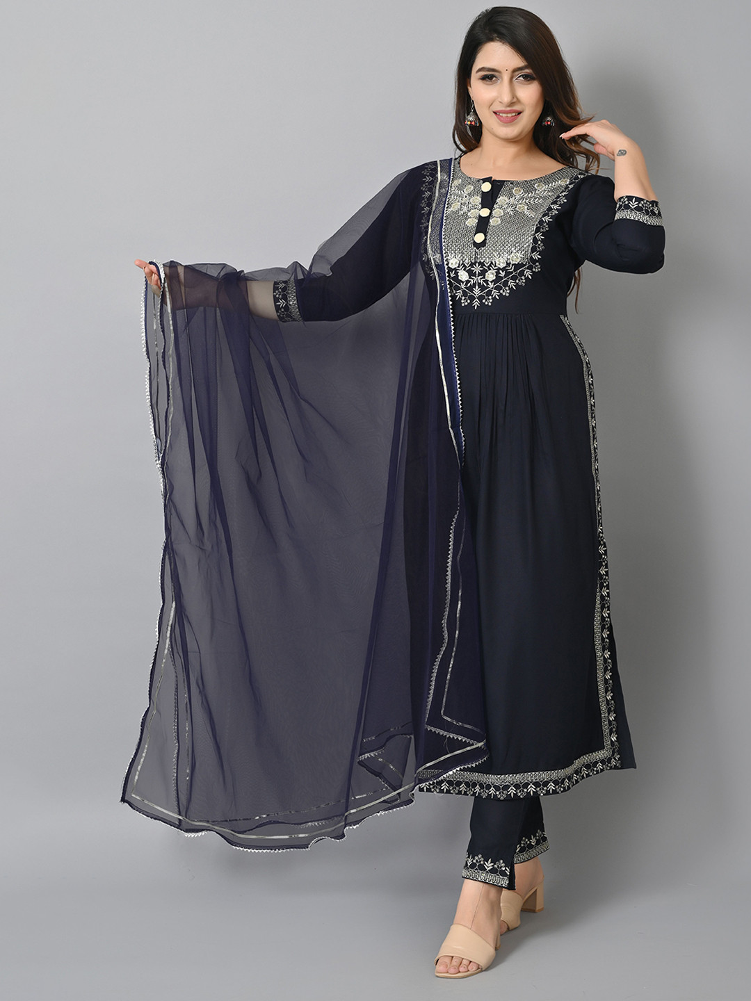 

VASTRAMANIAA Ethnic Motifs Embroidered Zari Sequined A-Line Kurta with Trousers & Dupatta, Navy blue