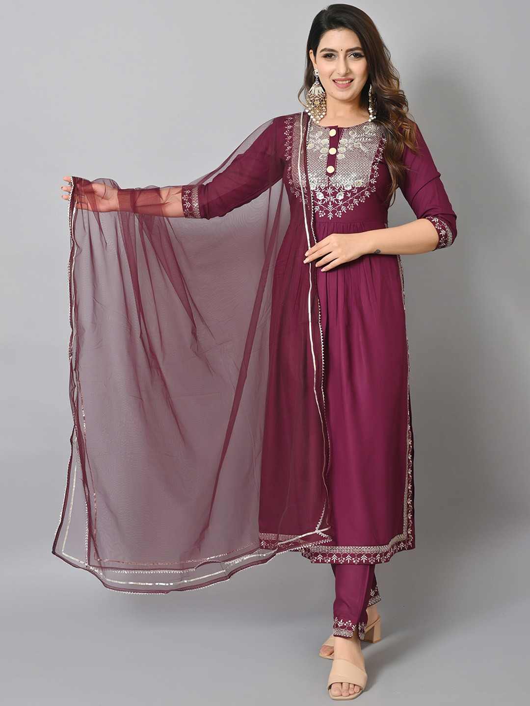 

VASTRAMANIAA Ethnic Motifs Embroidered Zari Sequined A-Line Kurta with Trousers & Dupatta, Purple
