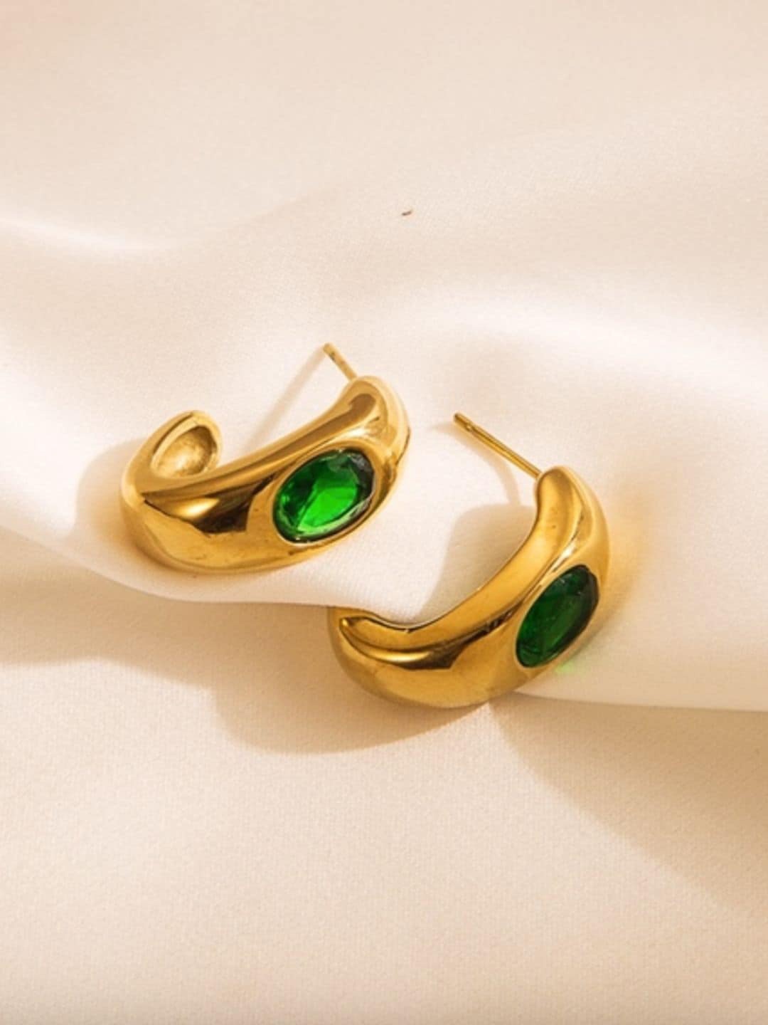 

Mueras Gold Plated Contemporary Stone Studded Half Hoop Earrings, Green