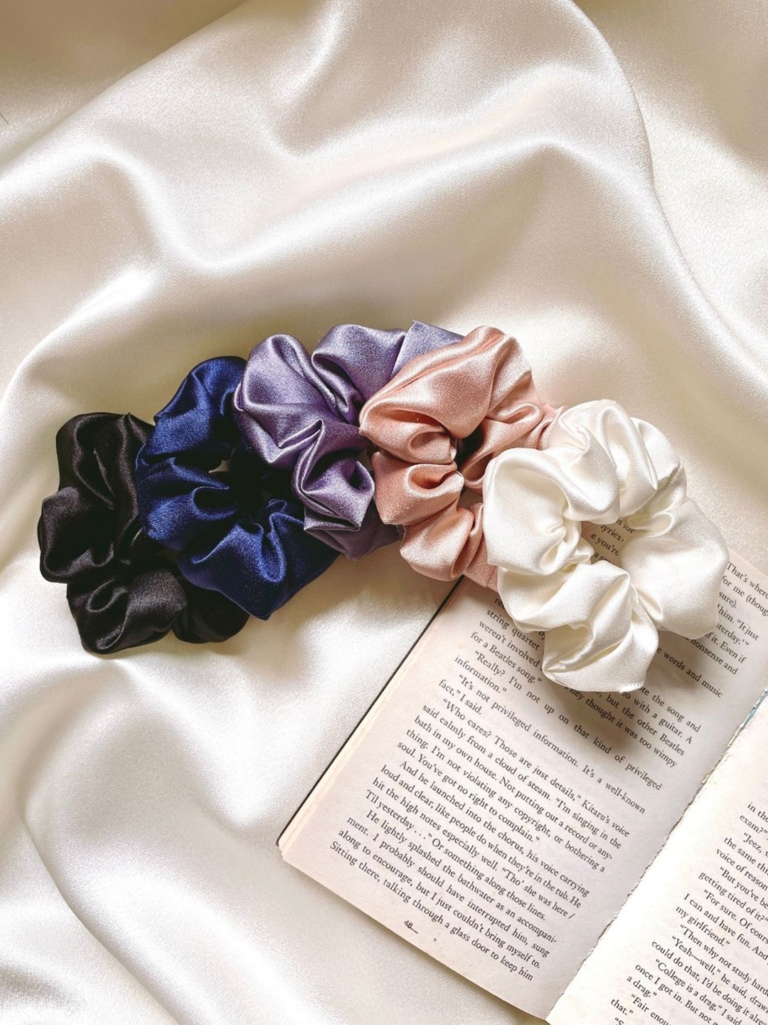 

Mueras Women Set Of 5 Silk Satin Scrunchies, Purple
