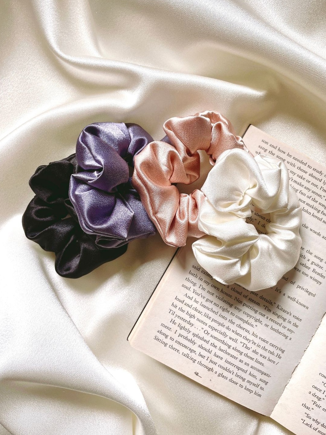 

Mueras Women Set Of 4 Silk Satin Scrunchies, Purple