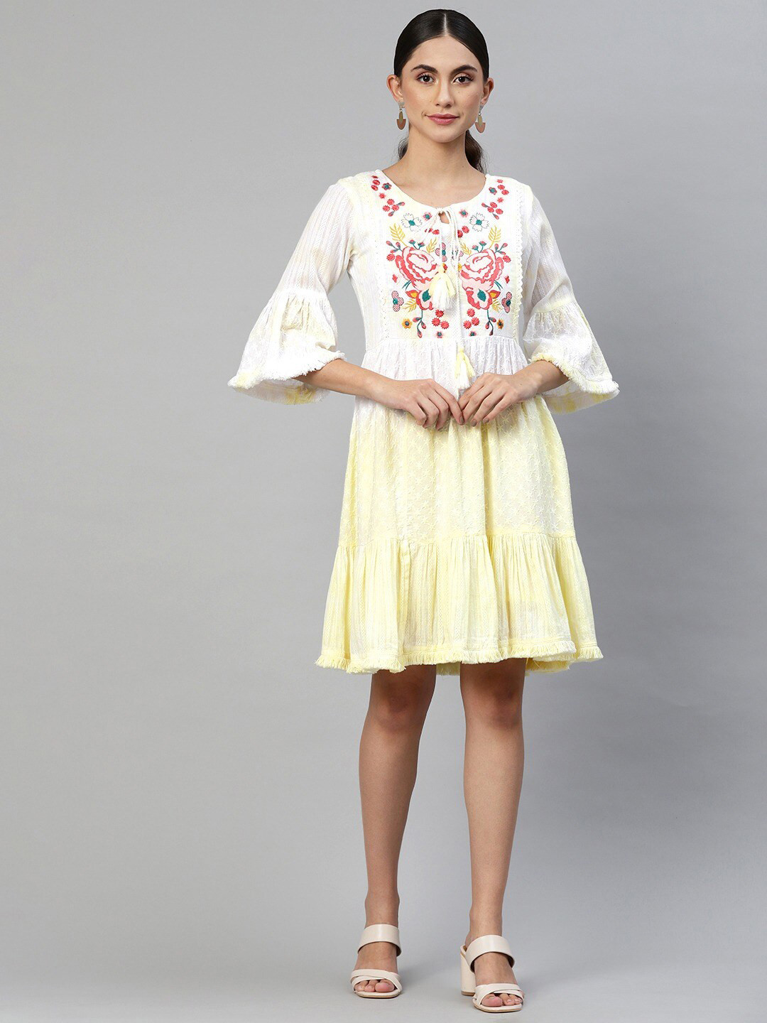 

Readiprint Fashions Tie-Up Neck Floral Embroidered Tiered Cotton Fit & Flare Dress, Yellow