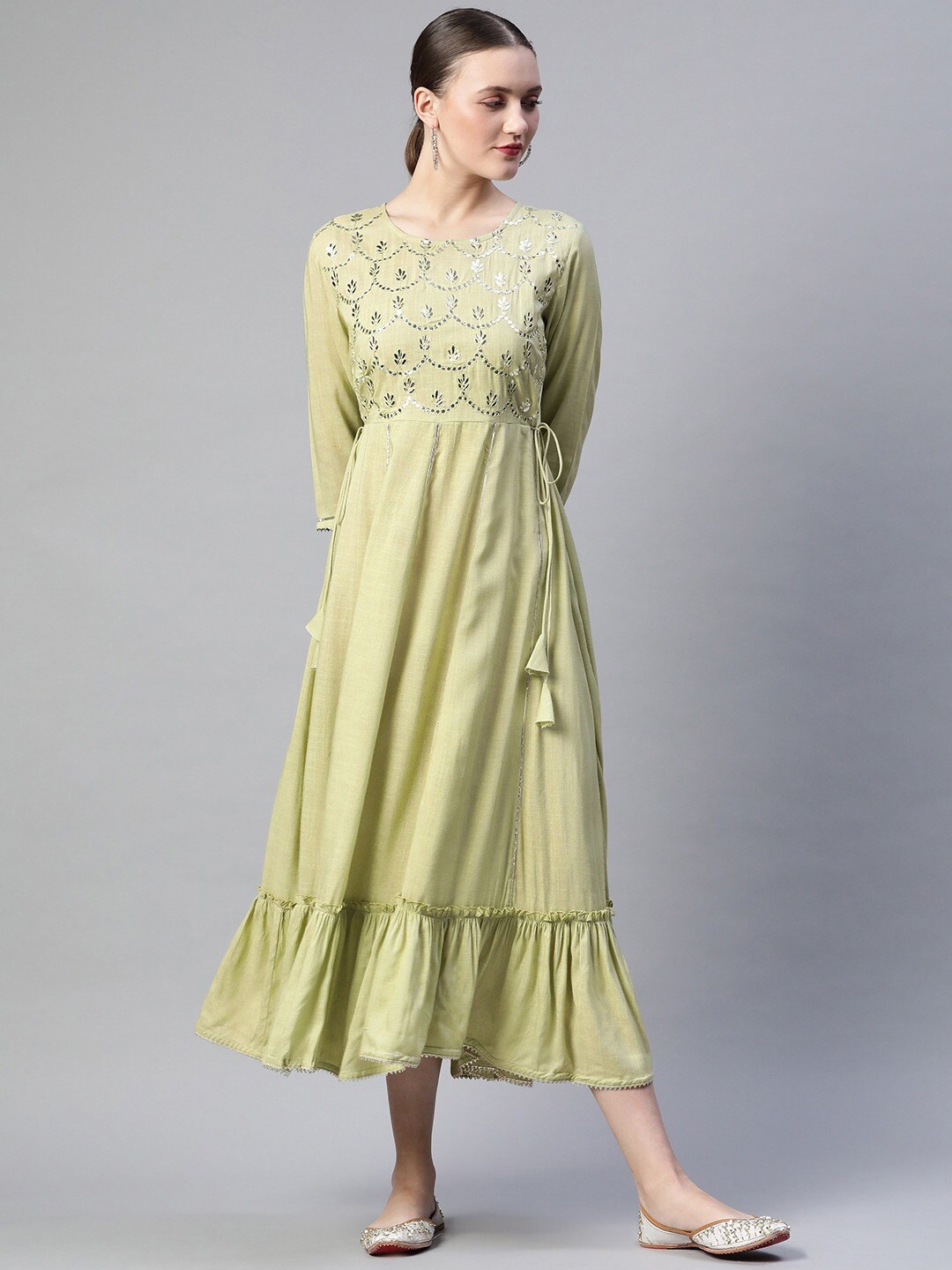

Readiprint Fashions Round Neck Gotta Patti Tie-Up Fit & Flare Midi Dress, Green