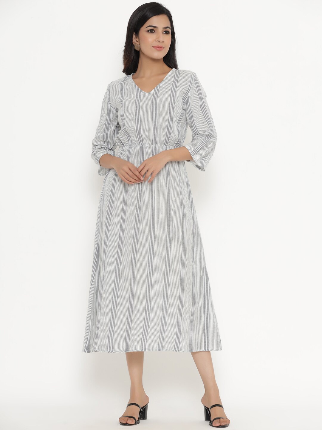

Readiprint Fashions V-Neck Striped A-Line Cotton Midi Dress, Grey