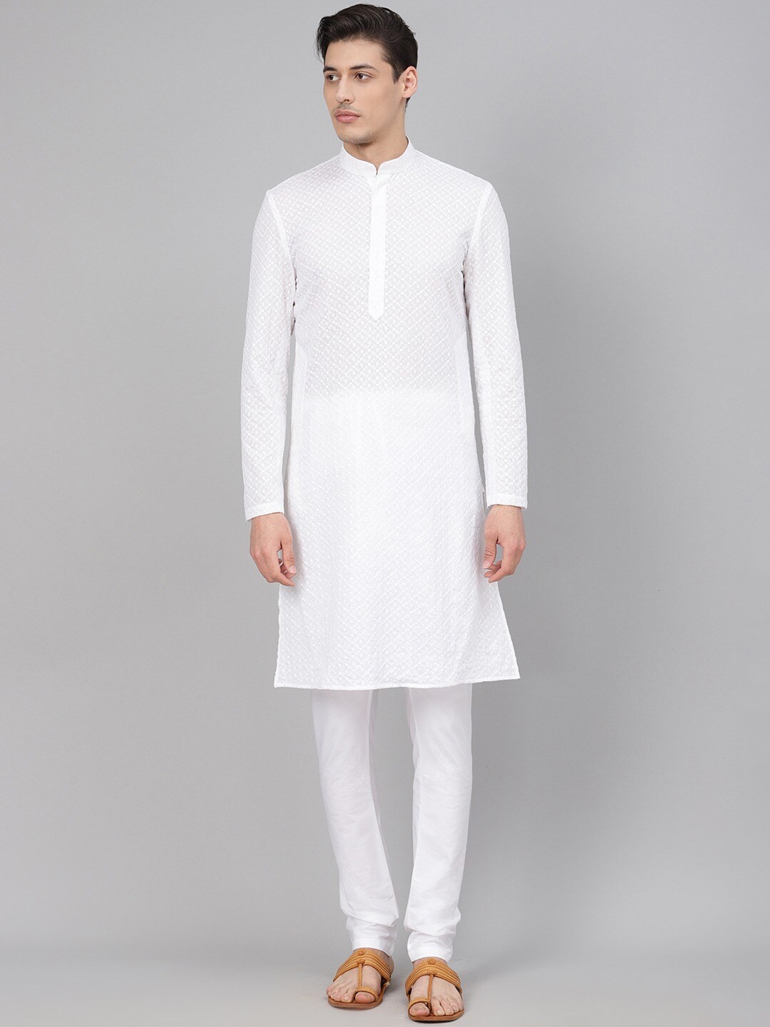 

Readiprint Fashions Floral Embroidered Mandarin Collar Chikankari Kurta With Churidar, White