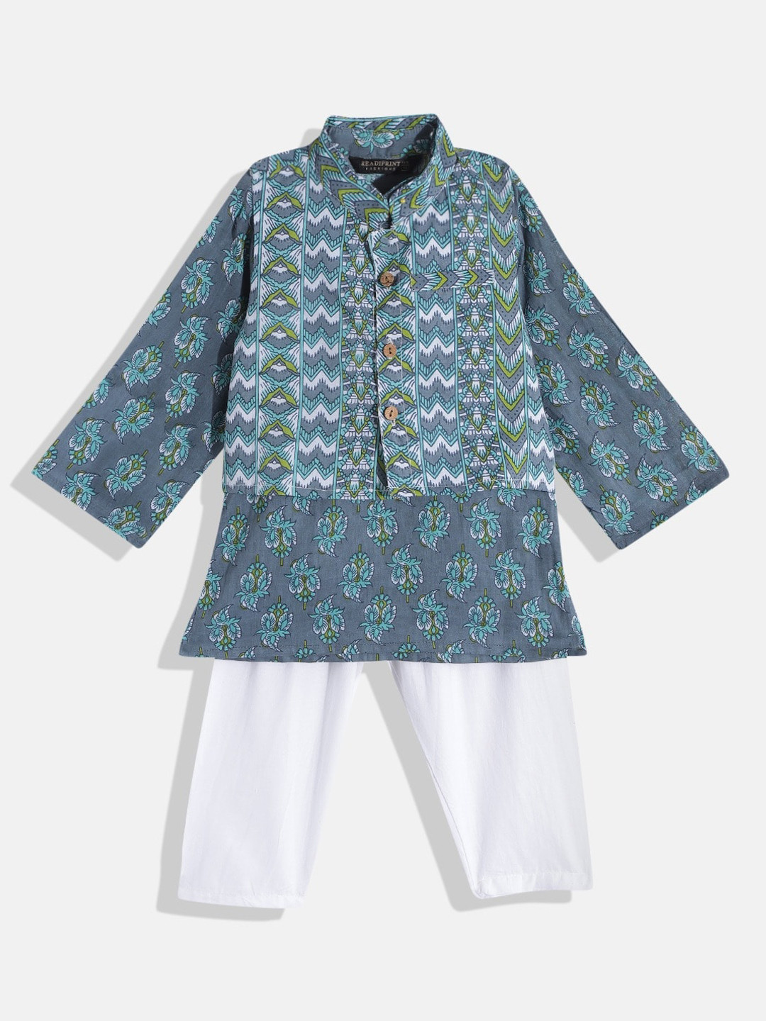 

Readiprint Fashions Boys Printed Pure Cotton Kurta With Pyjamas & Nehru Jacket, Grey