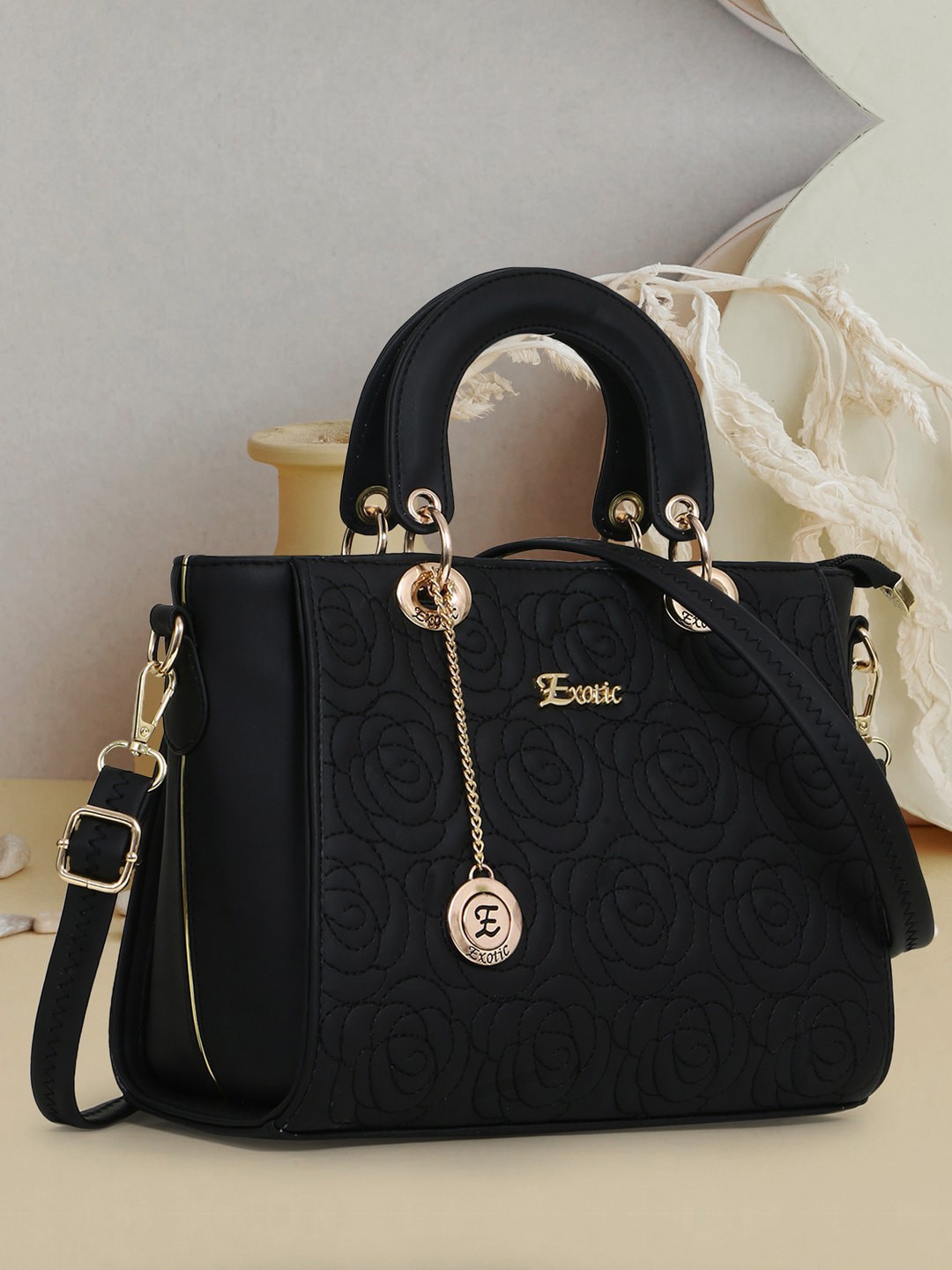 

Exotic Textured Structured Handheld Bag, Black