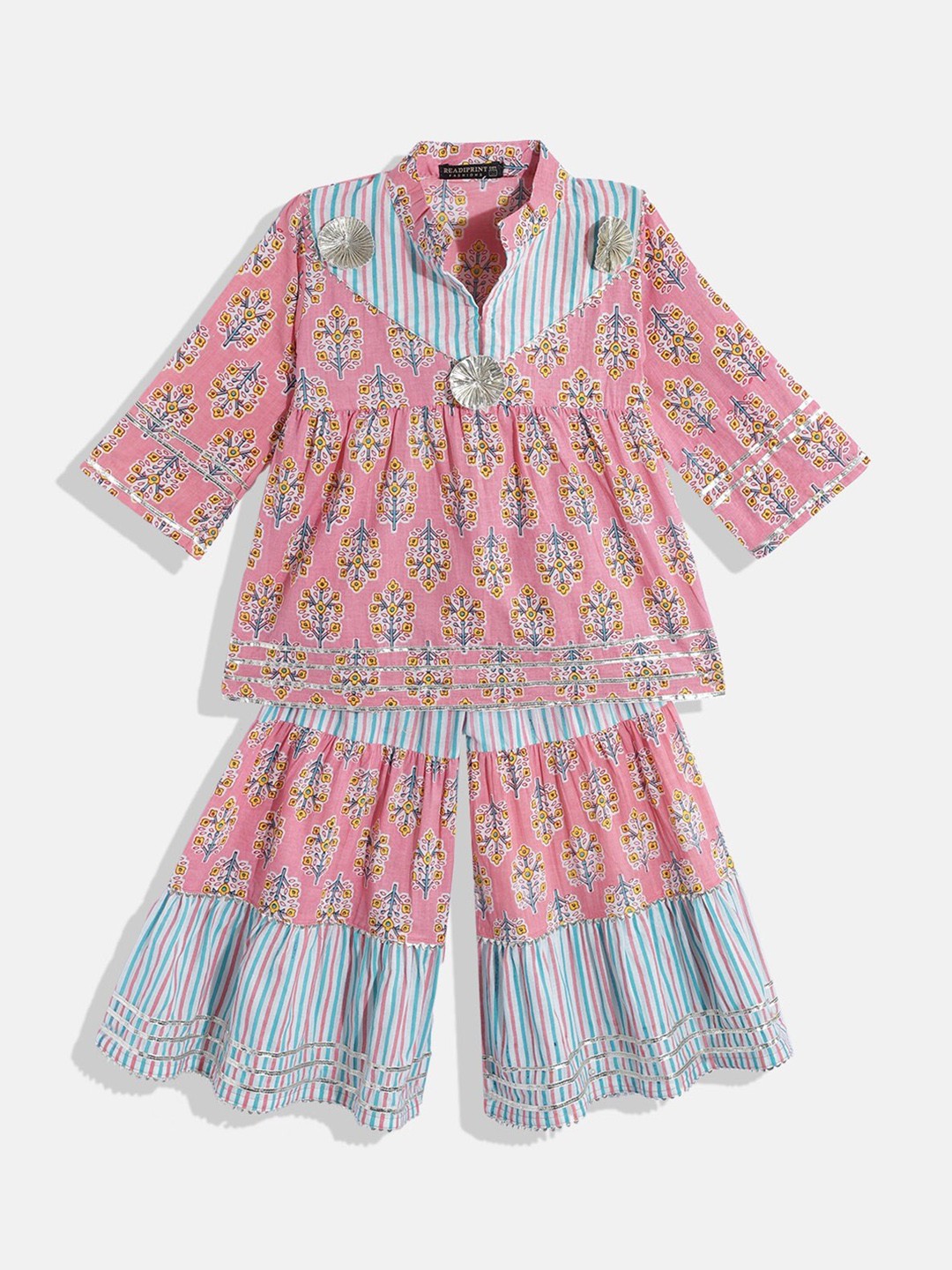 

Readiprint Fashions Girls Floral Printed Gotta Patti Pure Cotton Kurta With Sharara, Pink