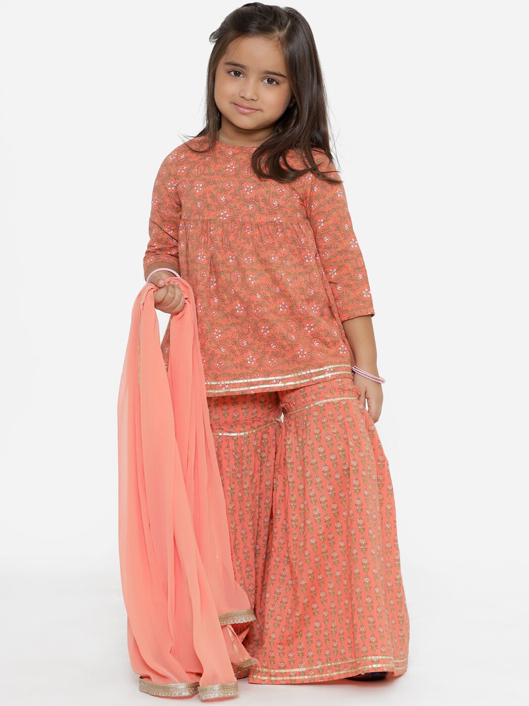 

Readiprint Fashions Girls Gotta Patti Printed Pure Cotton Kurti With Sharara & Dupatta, Peach