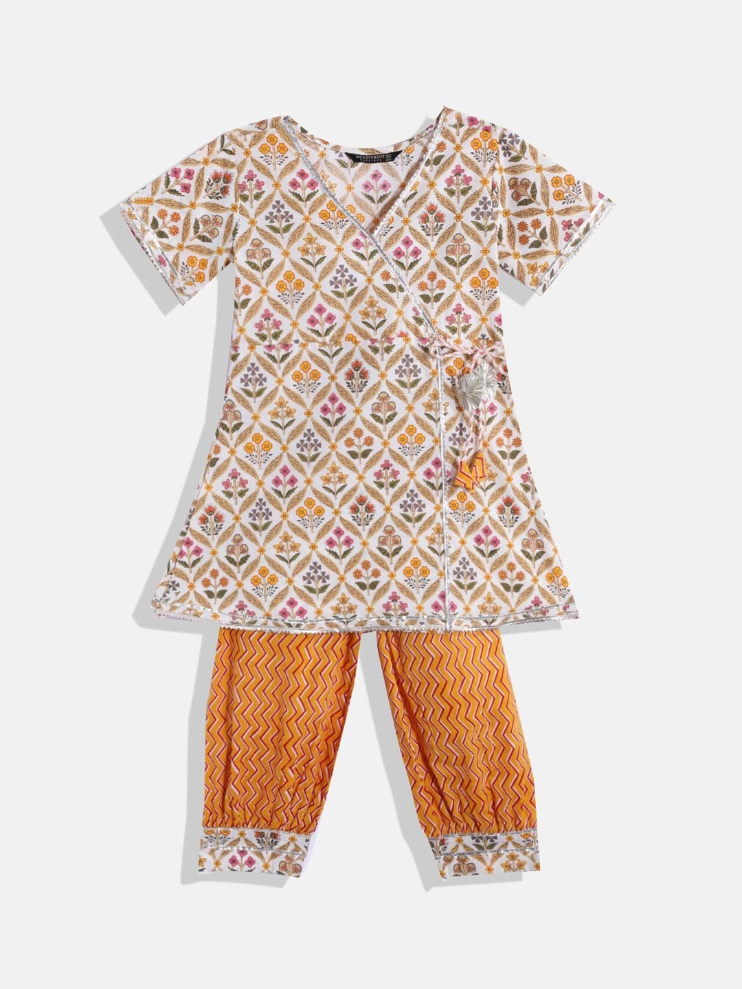 

Readiprint Fashions Girls Printed Gotta Patti Pure Cotton Angrakha Kurta With Salwar, White