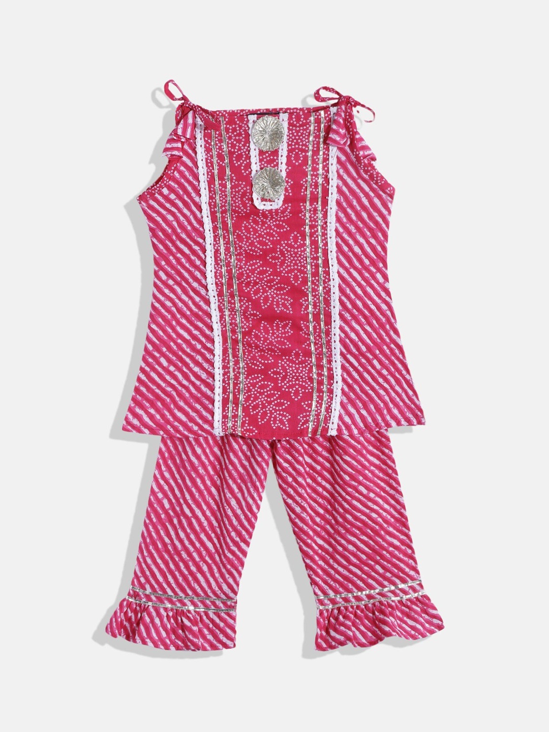 

Readiprint Fashions Girls Bandhani Printed Gotta Patti Pure Cotton Kurta With Palazzos, Pink