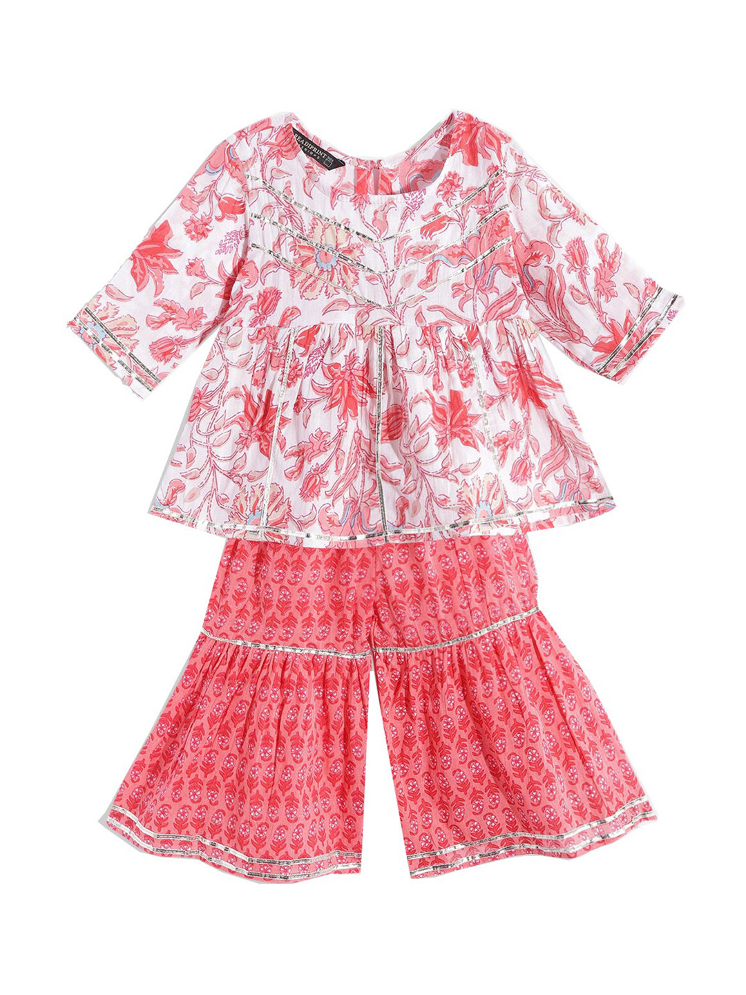 

Readiprint Fashions Girls Printed Gotta Patti Pure Cotton Anarkali Kurti With Sharara, White