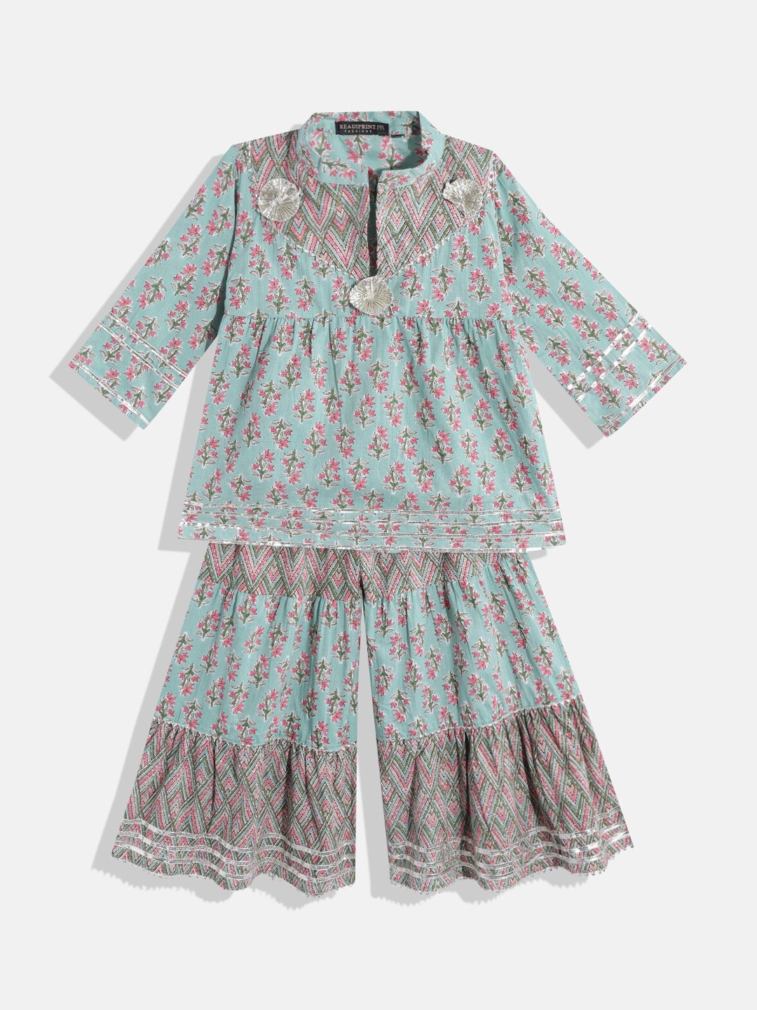 

Readiprint Fashions Girls Gotta Patti Printed Band Collar Pure Cotton Kurti With Sharara, Turquoise blue
