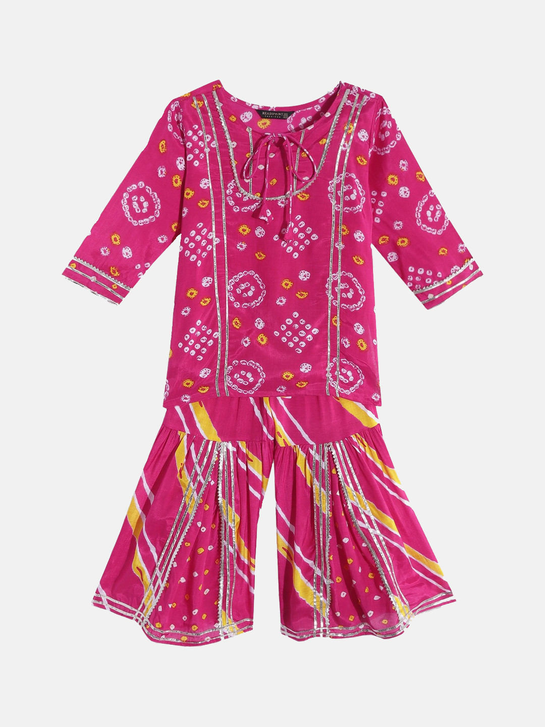 

Readiprint Fashions Girls Bandhani Printed Tie Up Neck Gotta Patti Kurti With Sharara, Pink