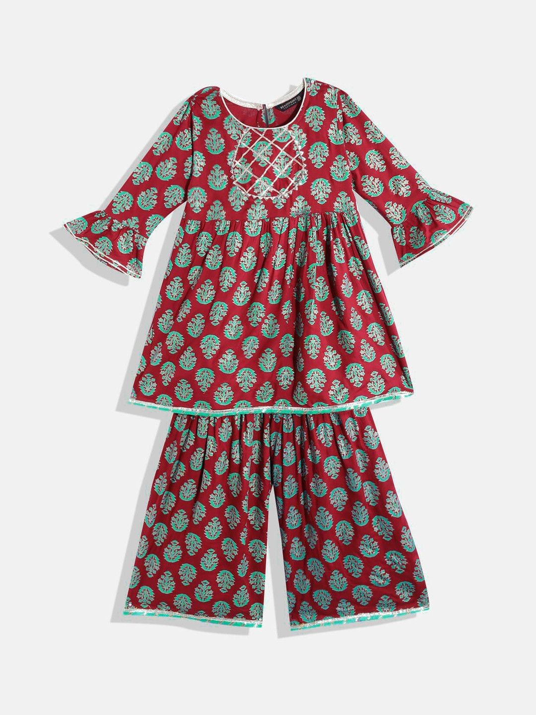 

Readiprint Fashions Girls Floral Printed Gotta Patti Pure Cotton A-Line Kurta With Sharara, Maroon