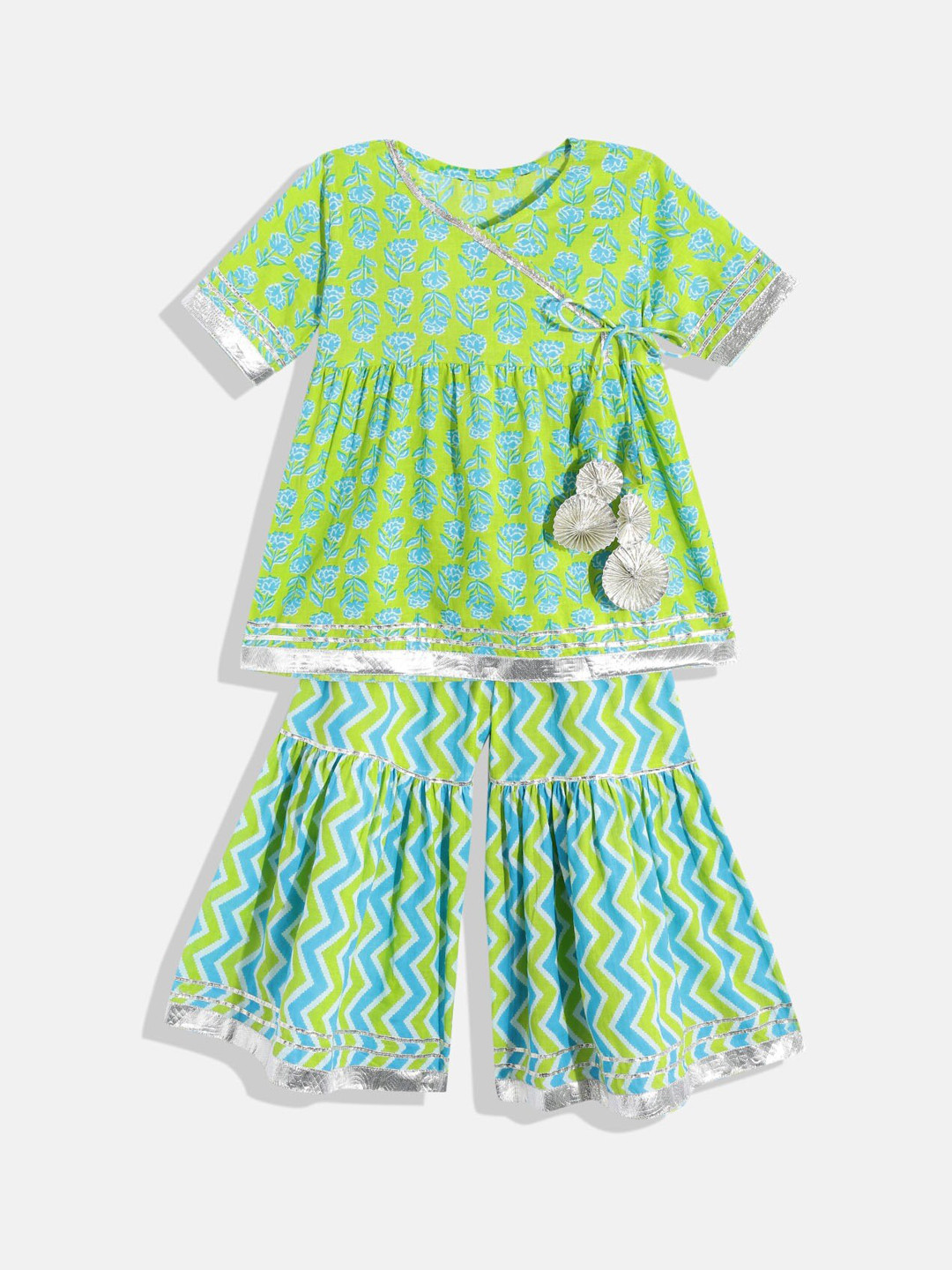 

Readiprint Fashions Girls Printed Gotta Patti Pure Cotton Angrakha Kurta With Sharara, Green