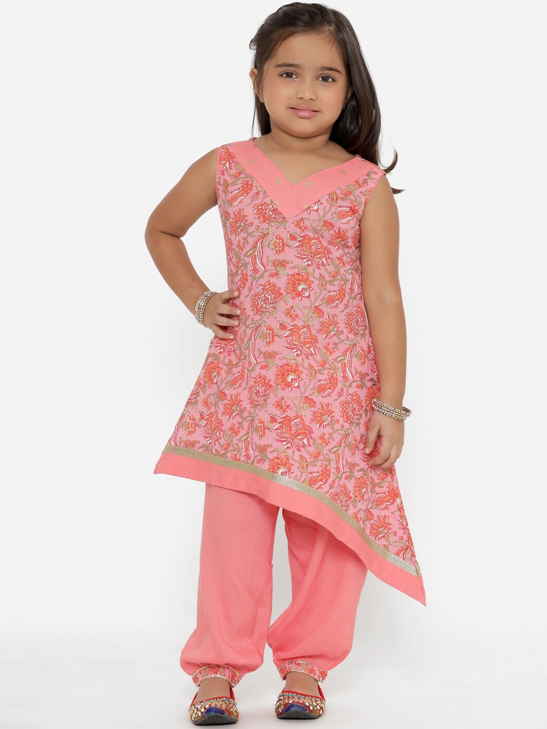 

Readiprint Fashions Girls Floral Printed V Neck Pure Cotton Kurta With Salwar, Pink