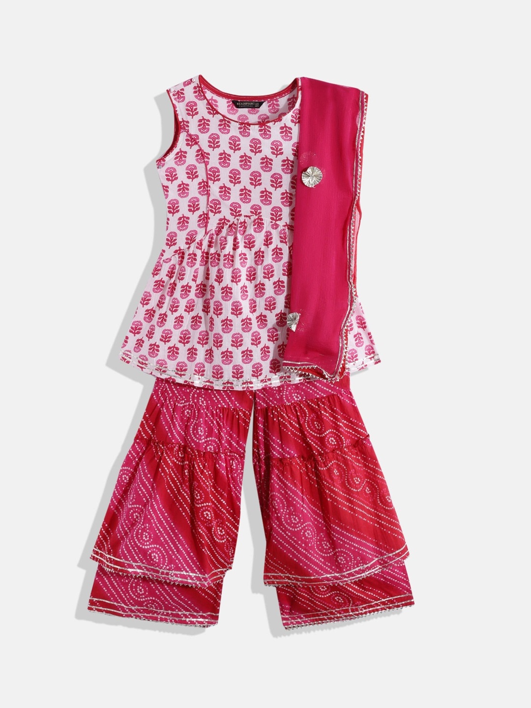 

Readiprint Fashions Girls Floral Printed Pure Cotton A-Line Kurta With Sharara & Dupatta, Pink