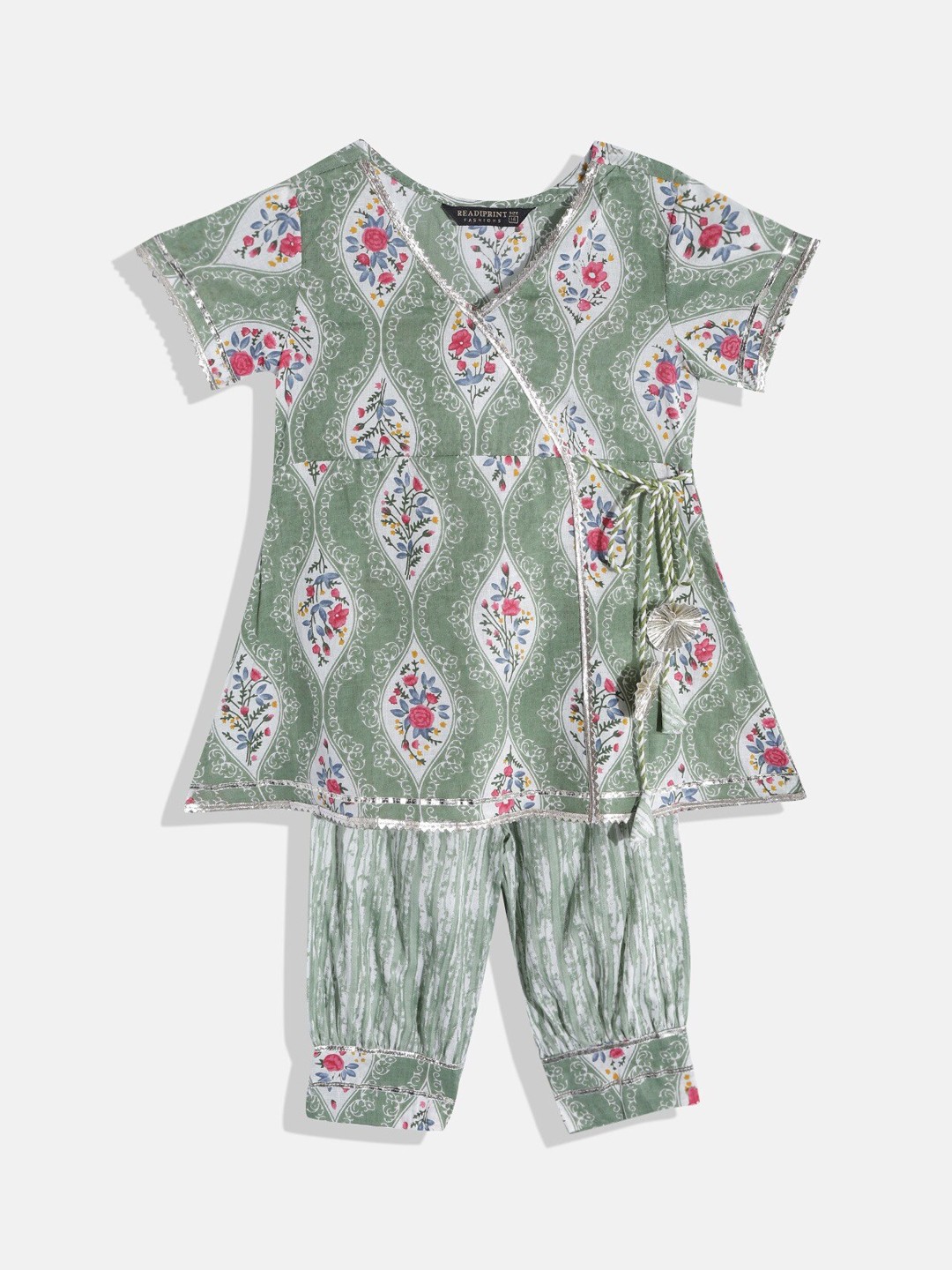 

Readiprint Fashions Girls Printed Gotta Patti Pure Cotton Angrakha Kurta With Salwar, Green