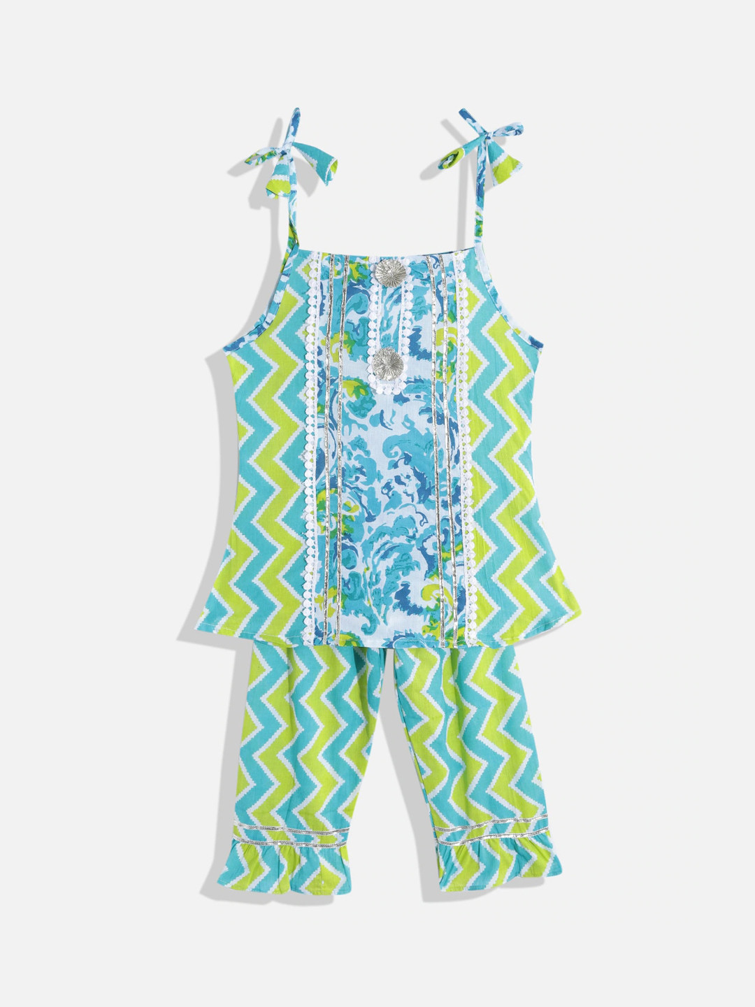 

Readiprint Fashions Chevron Printed Gotta Patti Pure Cotton Kurta with Trousers, Green