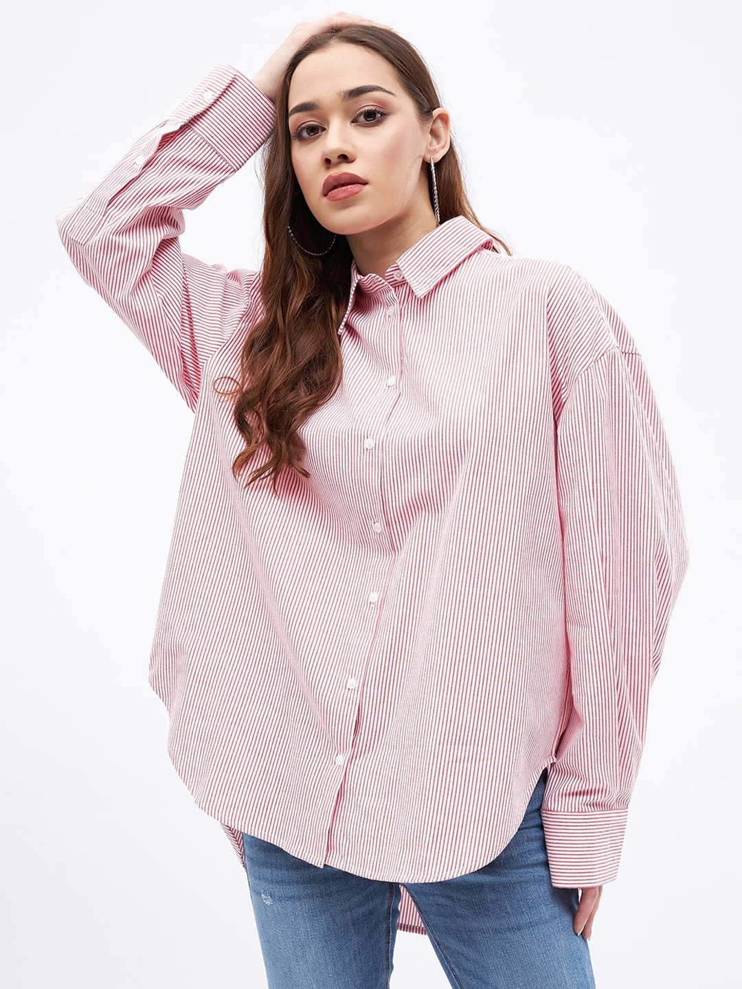 

JUNE & HARRY Spread Collar Striped Oversized Boxy Cotton Casual Shirt, Red