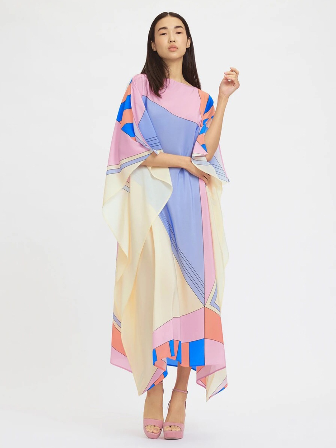 

Navvi Geometric Printed Extended Sleeves Kaftan Maxi Dress, Beige