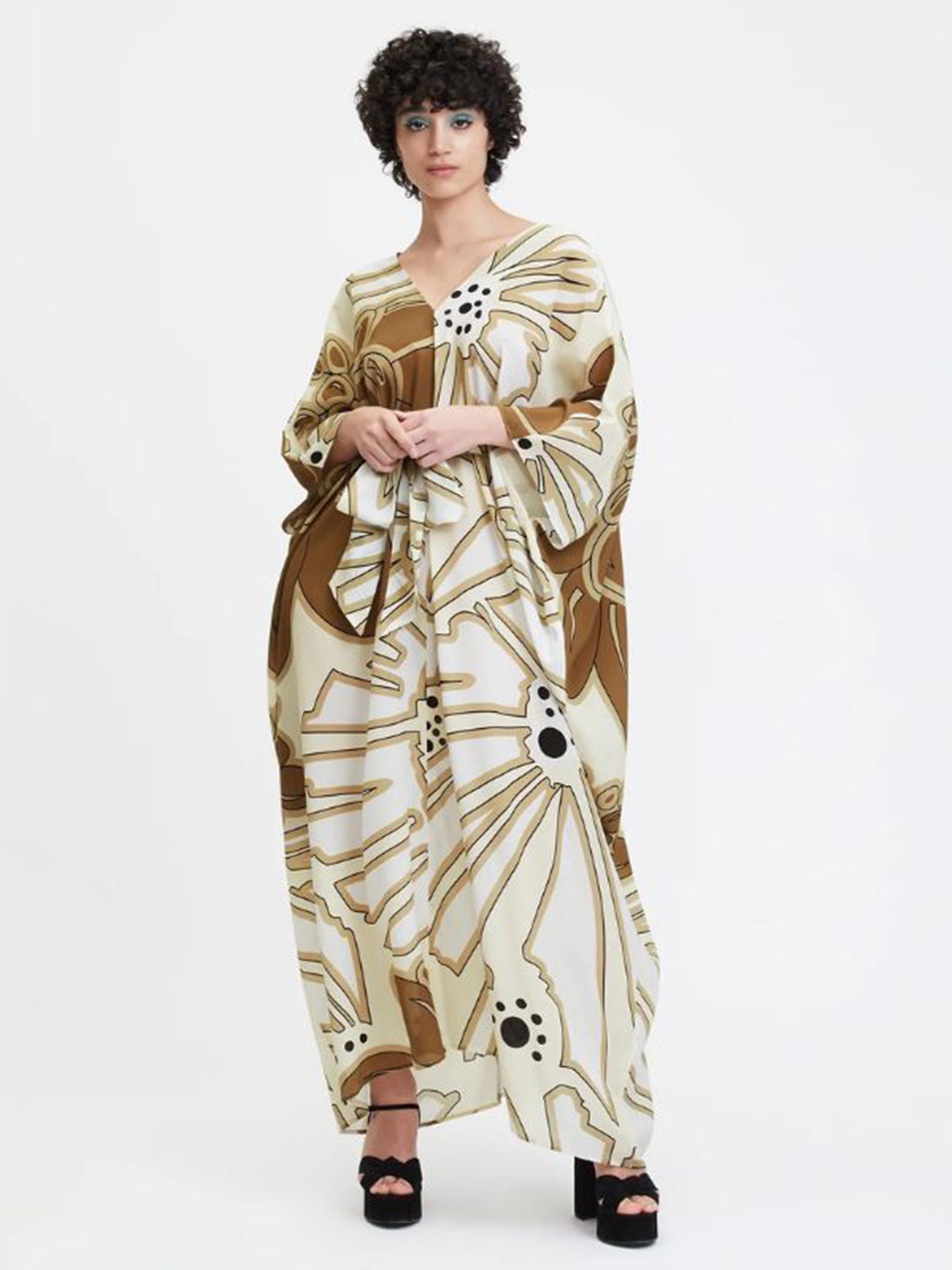 

Navvi Floral Printed Extended Sleeves Kaftan Maxi Dress, Beige