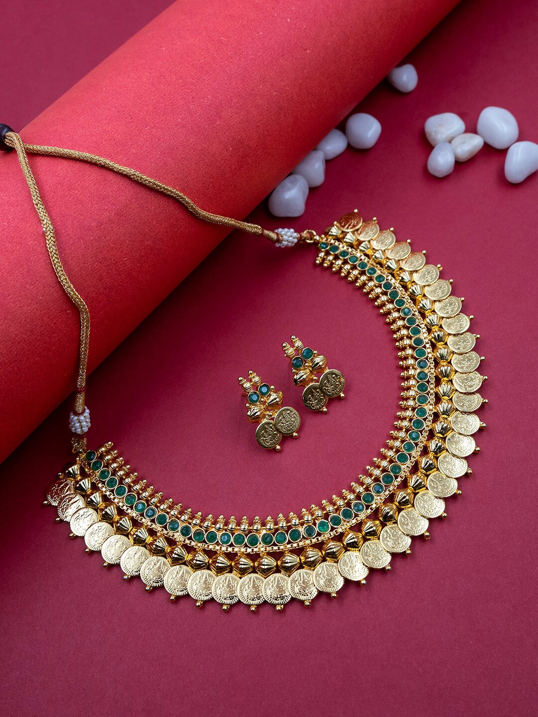 

StileAdda Gold-Plated Temple Stone-Studded Jewellery Set, Green