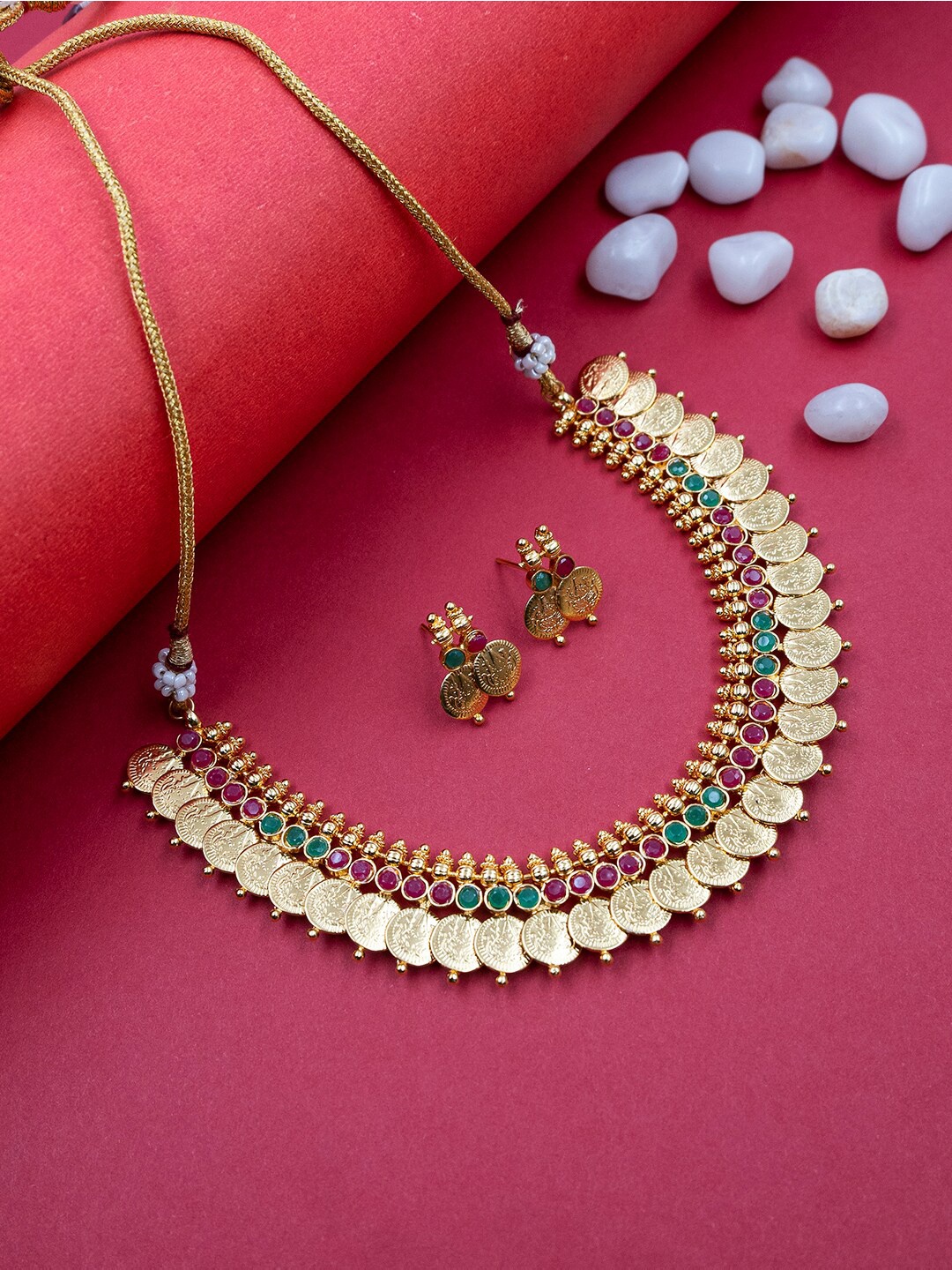 

StileAdda Gold-Plated Temple Stone-Studded Jewellery Set, Red