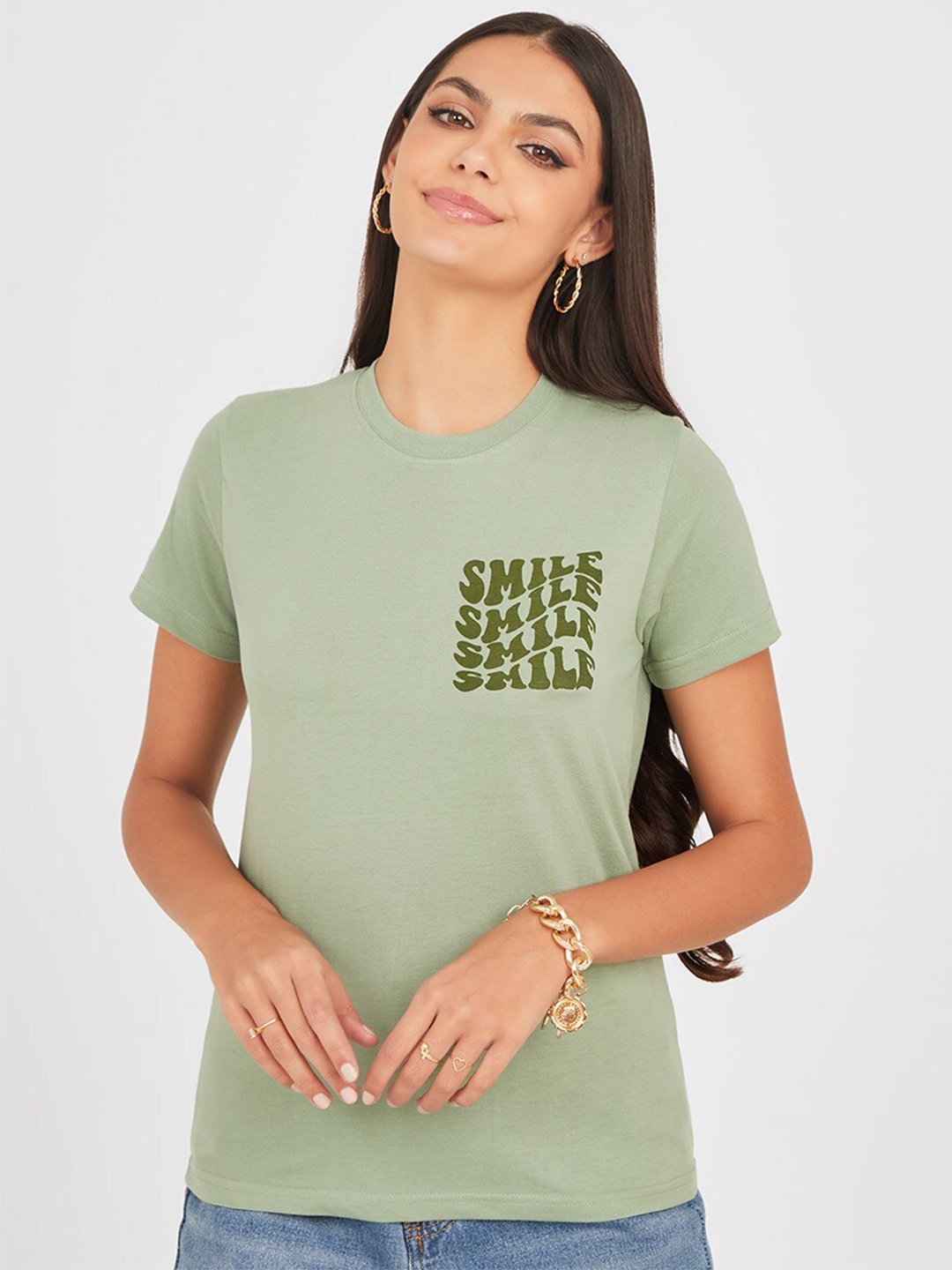 

Styli Women Olive Green Printed Slim Fit T-shirt